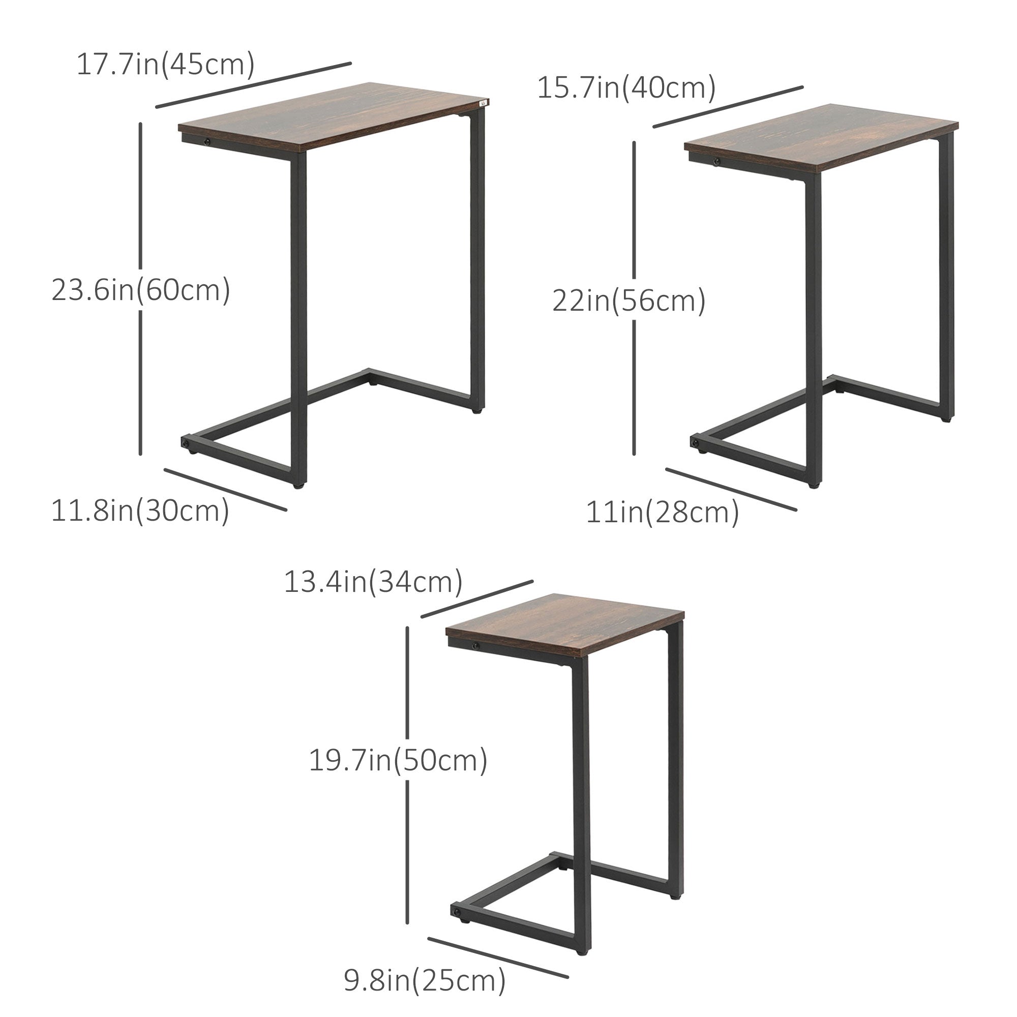 HOMCOM Rustic Nesting Tables: Set of 3 C-Shaped Snack Side Tables with Steel Frame for Sofa, Couch and Bed, Vintage Brown 