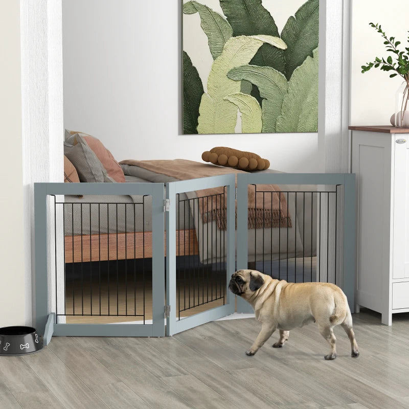 Freestanding Pet Gate, Folding Dog Gate with 2 Support Feet, 24" High, 3 Panels, for Small Dogs, Indoor Use - Grey