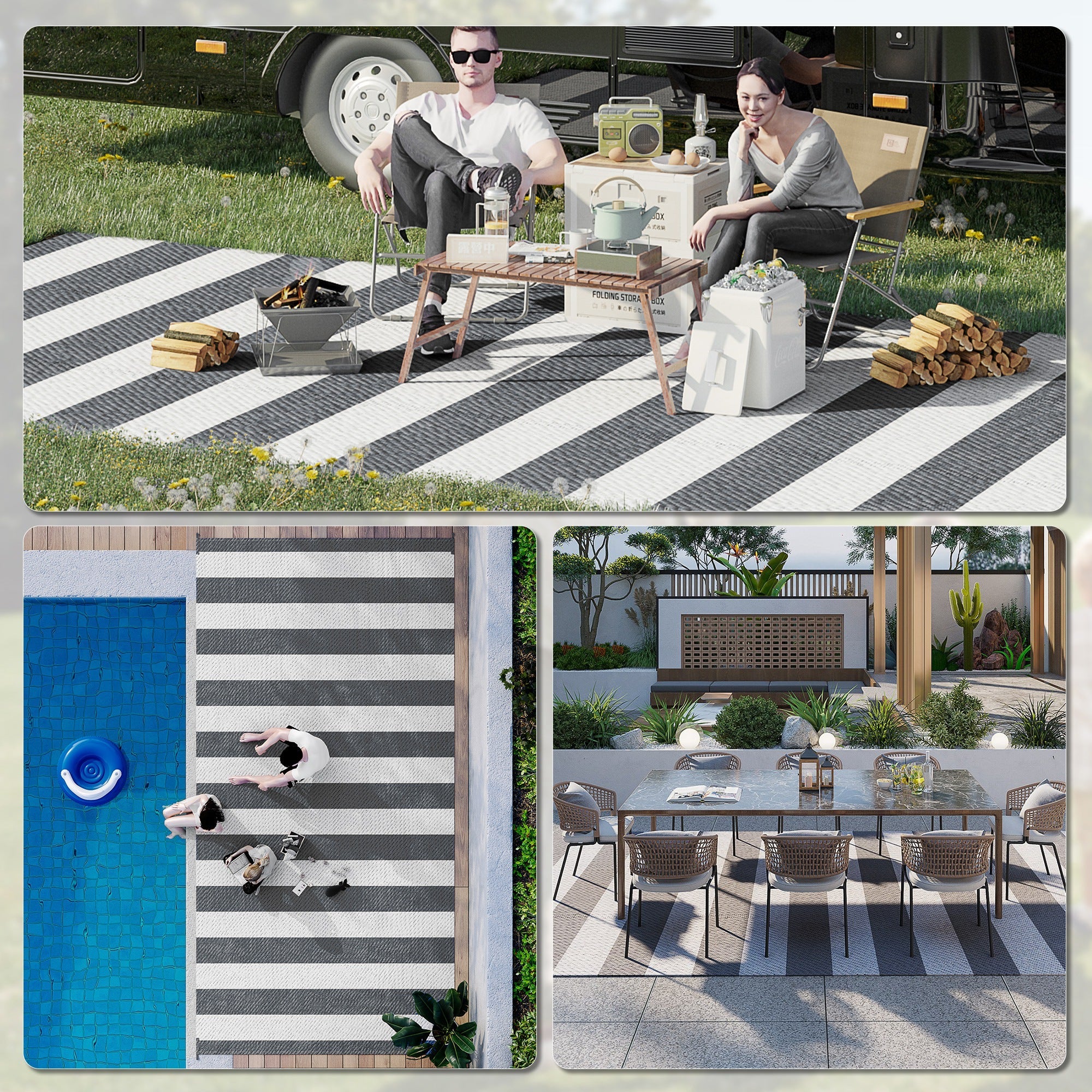 Outsunny Reversible Outdoor RV Rug, Patio Floor Mat, 9' x 18' Plastic Straw Rug for Backyard, Deck, Beach, Camping, Grey & White 