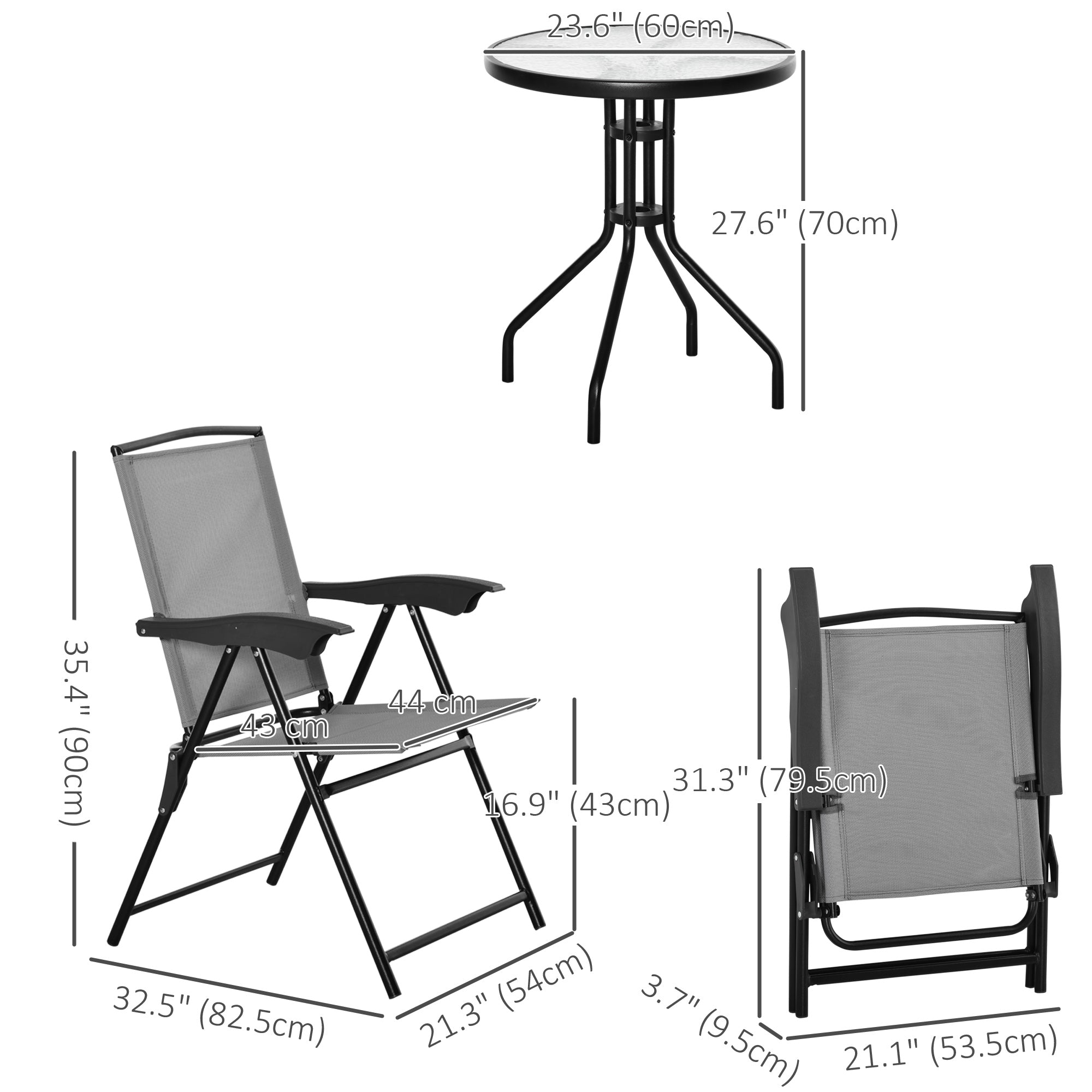 Outsunny Folding Outdoor Bistro Set, Patio Table and Chairs with Reclining Backrest and Round Dining Table, Grey 