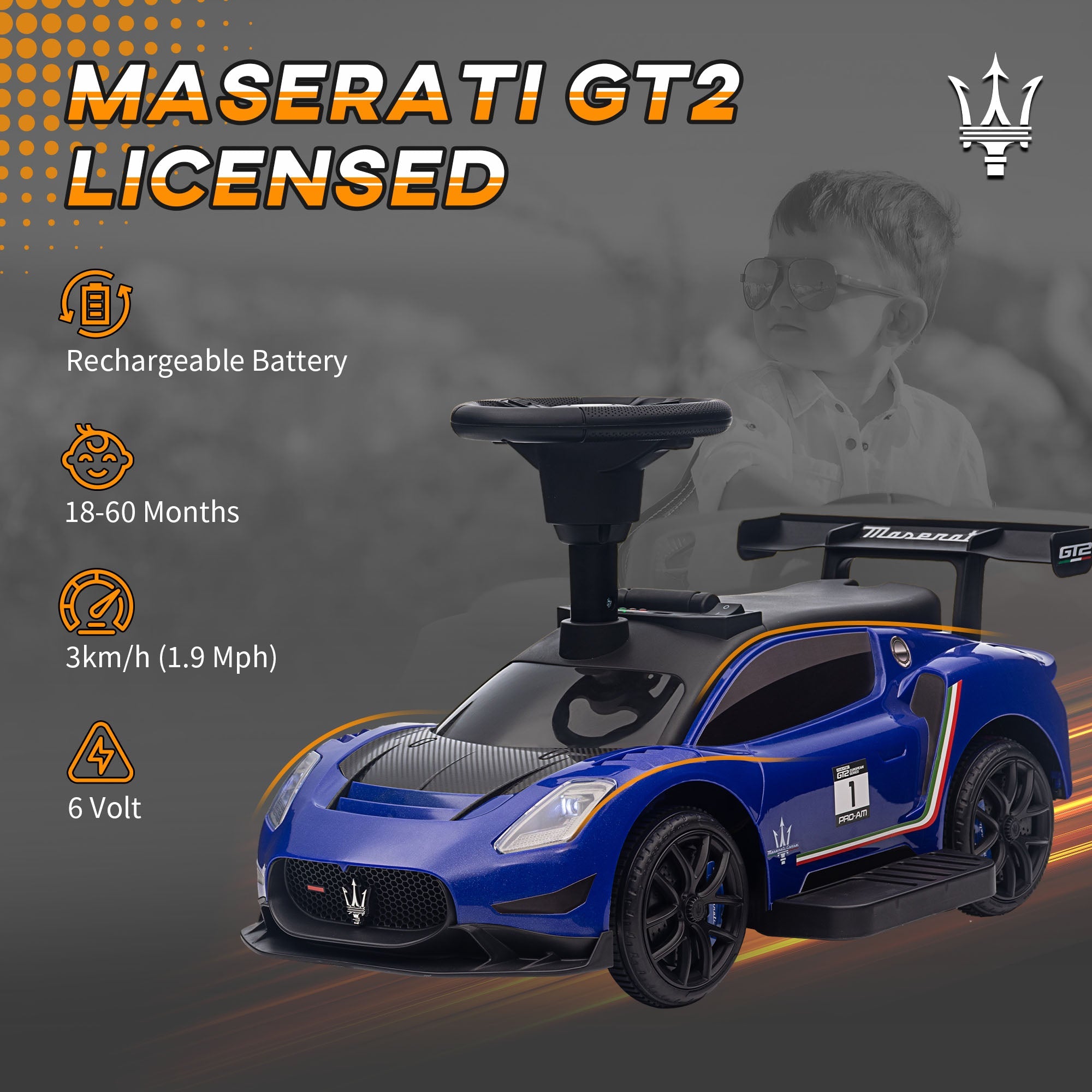 Qaba 6V Maserati GT2 Licensed Electric Car for Kids, Ride on Car with Under Seat Storage, LED Headlights Music, Blue 