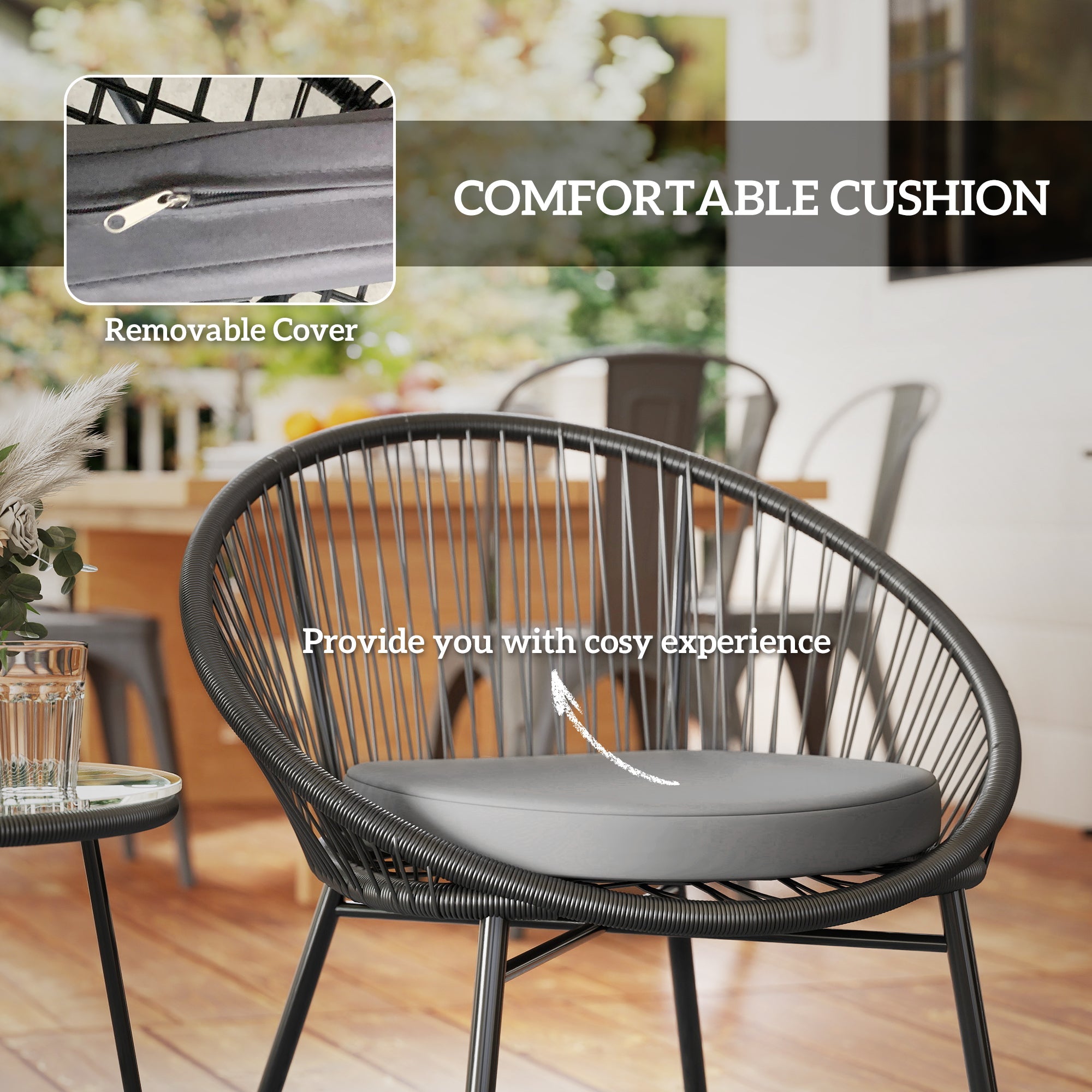 Outsunny 3 Piece Wicker Patio Furniture Set with Soft Seat Cushions, Tempered Glass Tabletop, Bistro Set for Garden, Black 