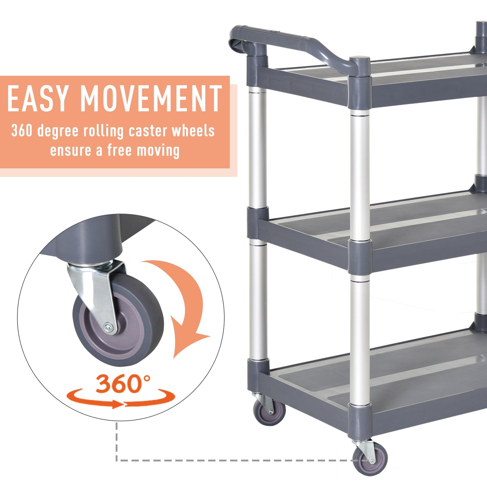 HOMCOM Large 3-Tier Metal Utility Cart Rolling Storage Trolley with Shelves for Restaurant Hotel Living Room Silver 
