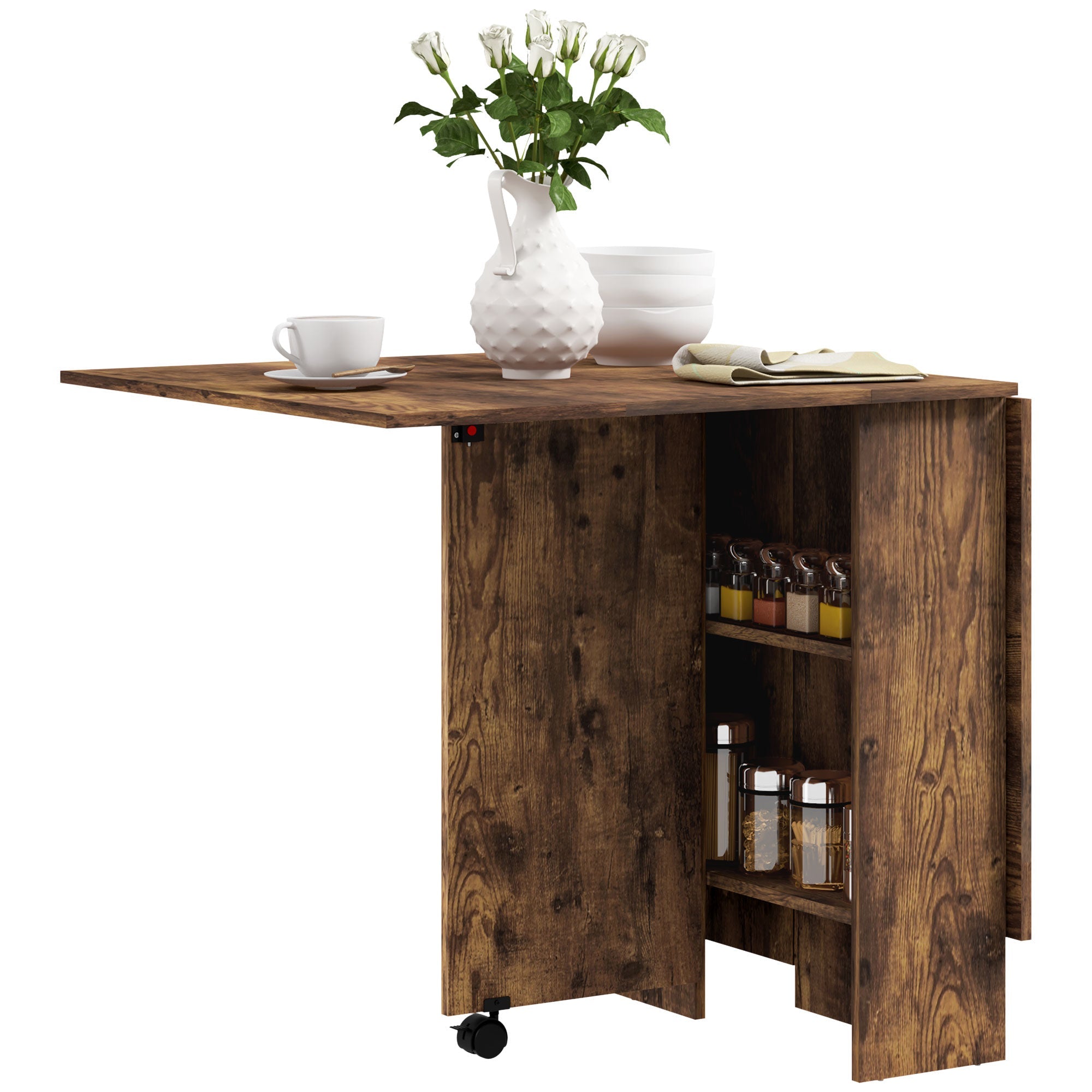 HOMCOM Extendable Dining Table, Collapsible Folding Table w/ 2-tier Shelves and Rolling Casters, Rustic Brown 
