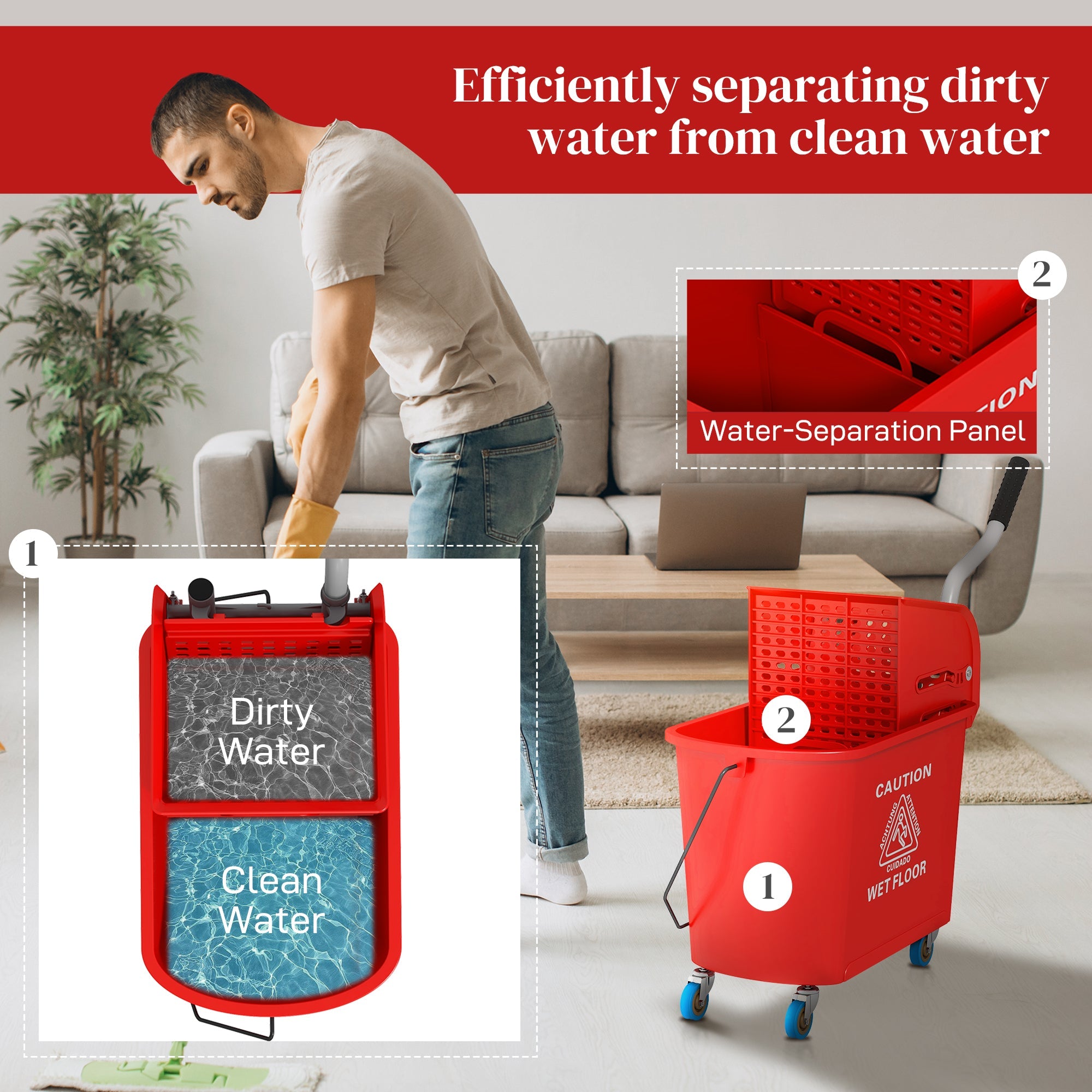 HOMCOM Mop Bucket with Wringer, Mop Bucket on Wheels for Floor Cleaning, 5 Gallon, Separate Dirty and Clean Water, Red 