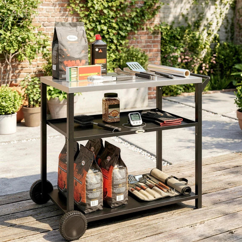 Outdoor Grill Cart with Stainless Steel Tabletop, 3-Tier BBQ Stand, Movable Food Prep Table on Wheels, Black