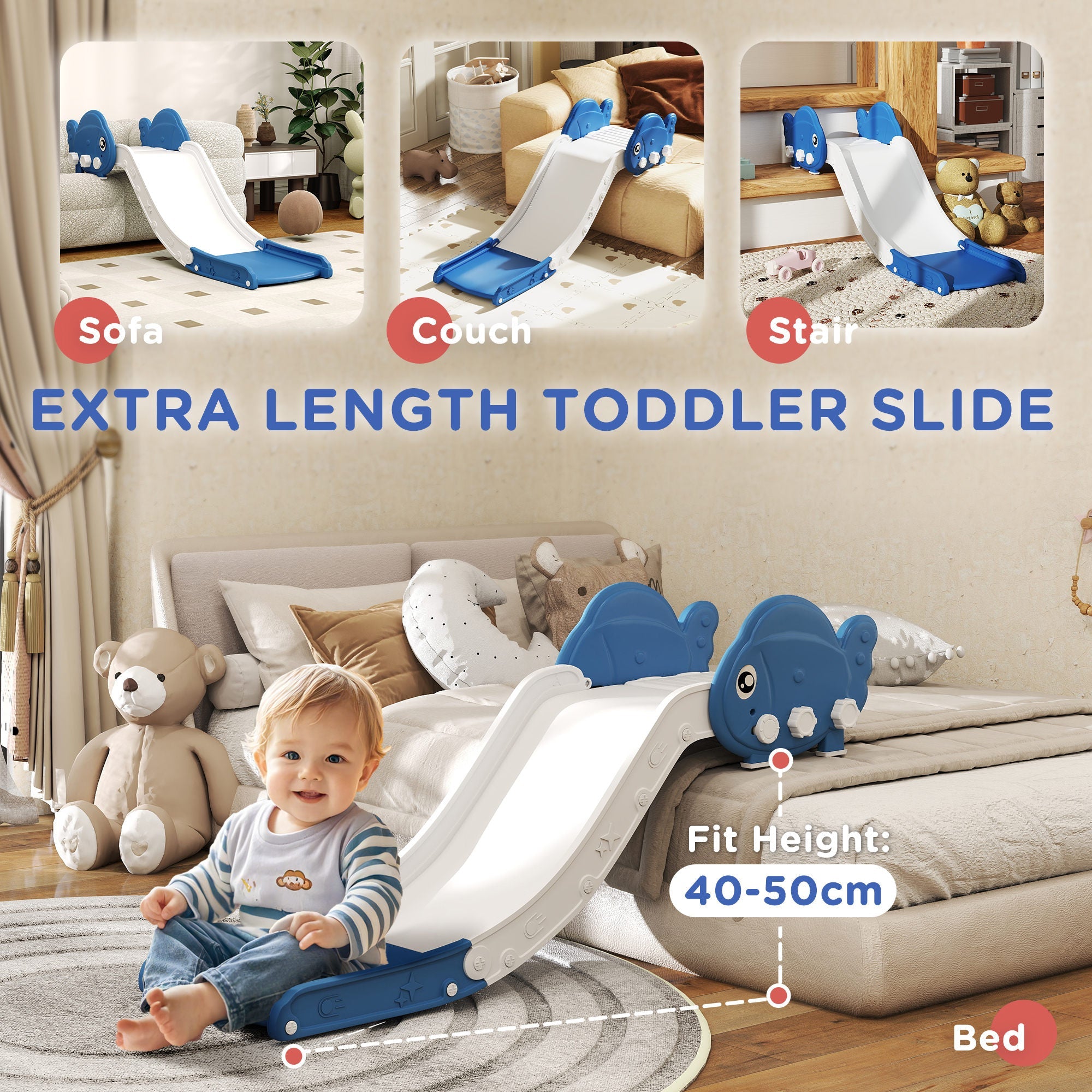 Qaba Toddler Couch Slide for Bed, Sofa, Stairs, Easy Assemble & Storage, for 18-48 Months, Blue 
