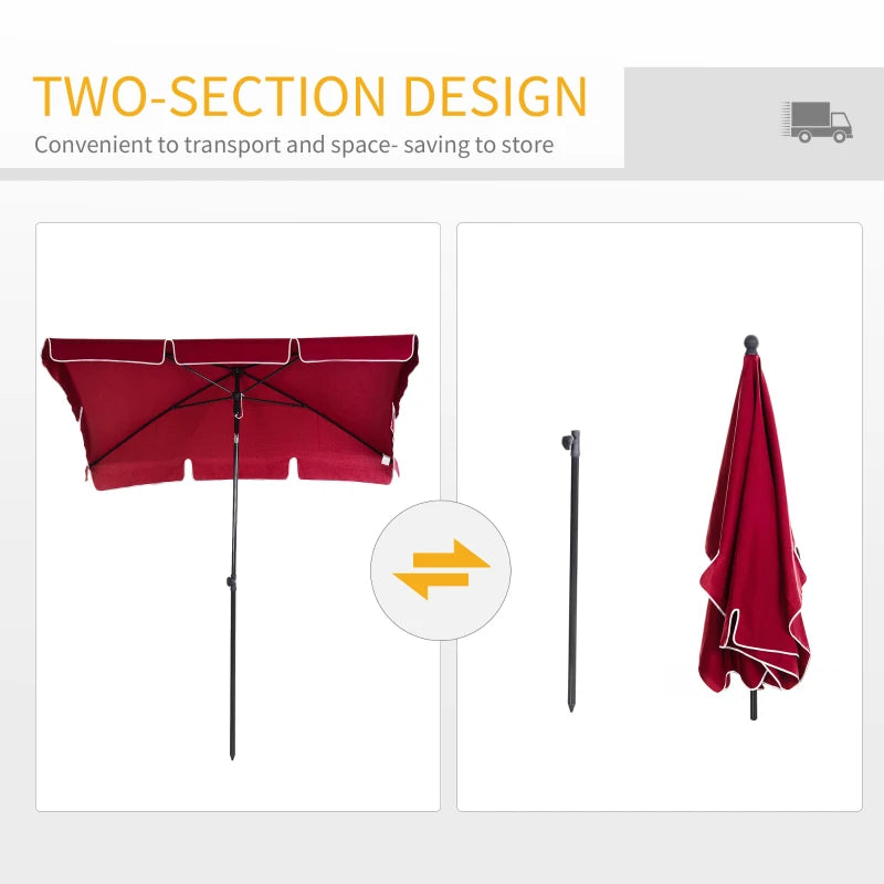 6.5x4ft Rectangle Patio Umbrella Aluminum Tilt Adjustable Garden Parasol Sun Shade Outdoor Canopy Red