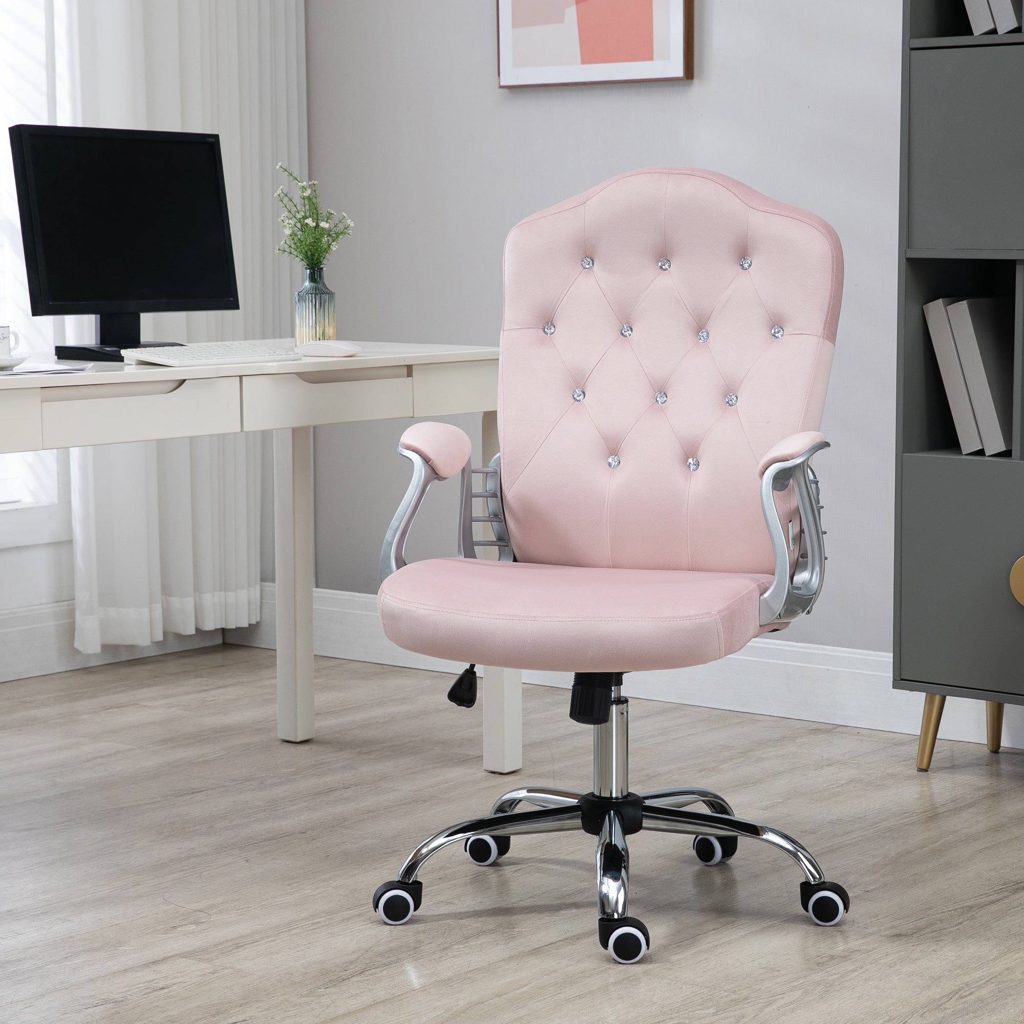 Vinsetto Chic Velvet Home Office Chair: Pink Button Tufted, Swivel Desk Chair, Adjustable Height, Tilt Function 