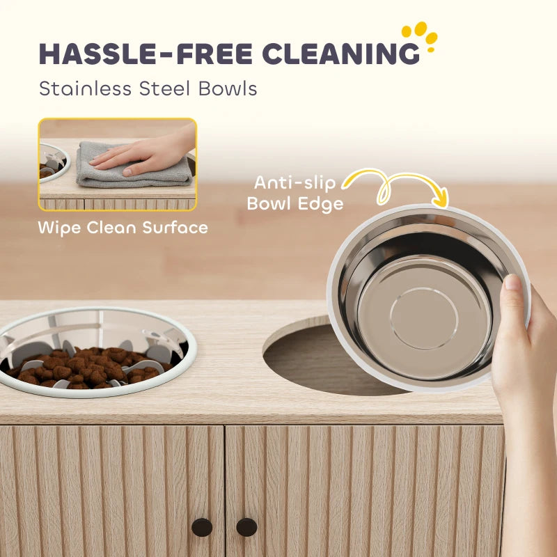Raised Dog Bowls with Storage, Slow Feeder,  2 Stainless Steel Food and Water Bowl Non-Slip, Oak