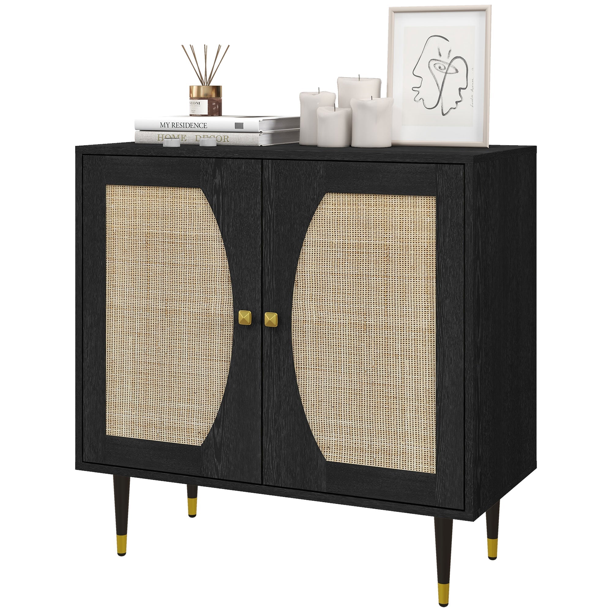 HOMCOM Boho Black TV Stand Cabinet: Buffet with Rattan Doors, Adjustable Shelf & Space for TVs up to 42 Inches 