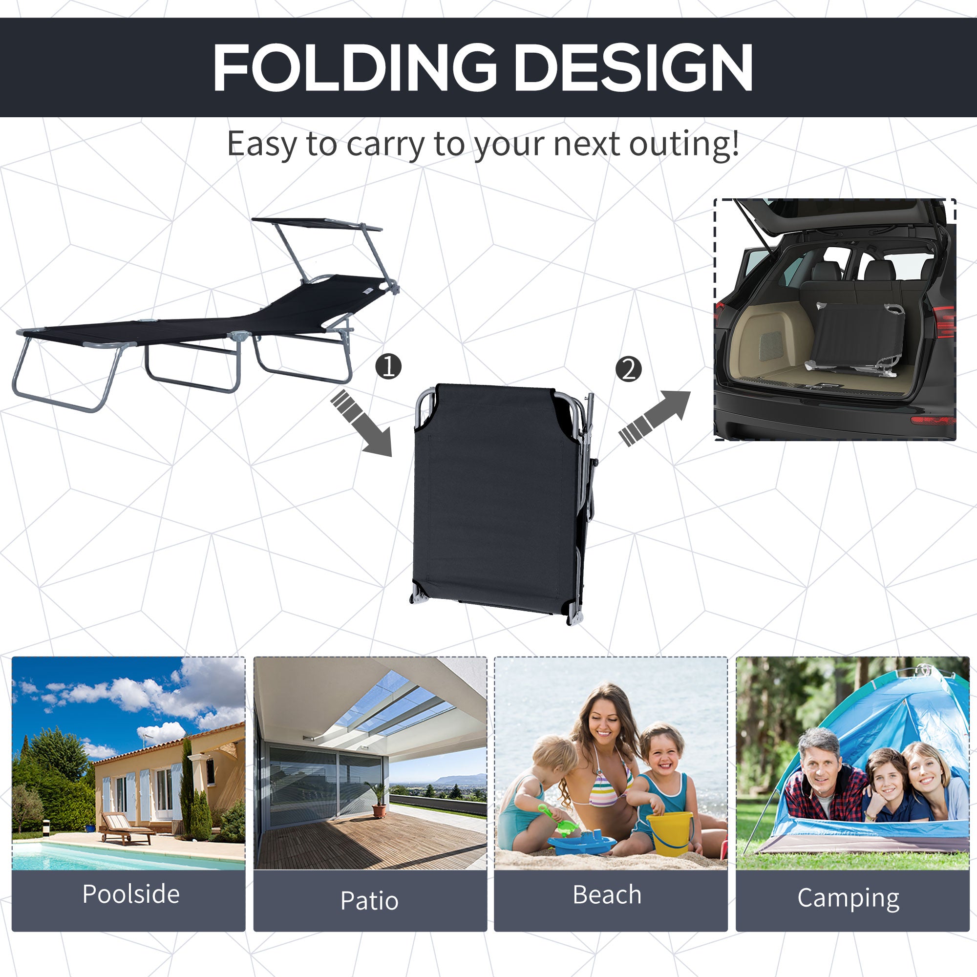 Outsunny Reclining Chair Folding Adjustable with Sun Shade Durable Outdoor Comfort Black 
