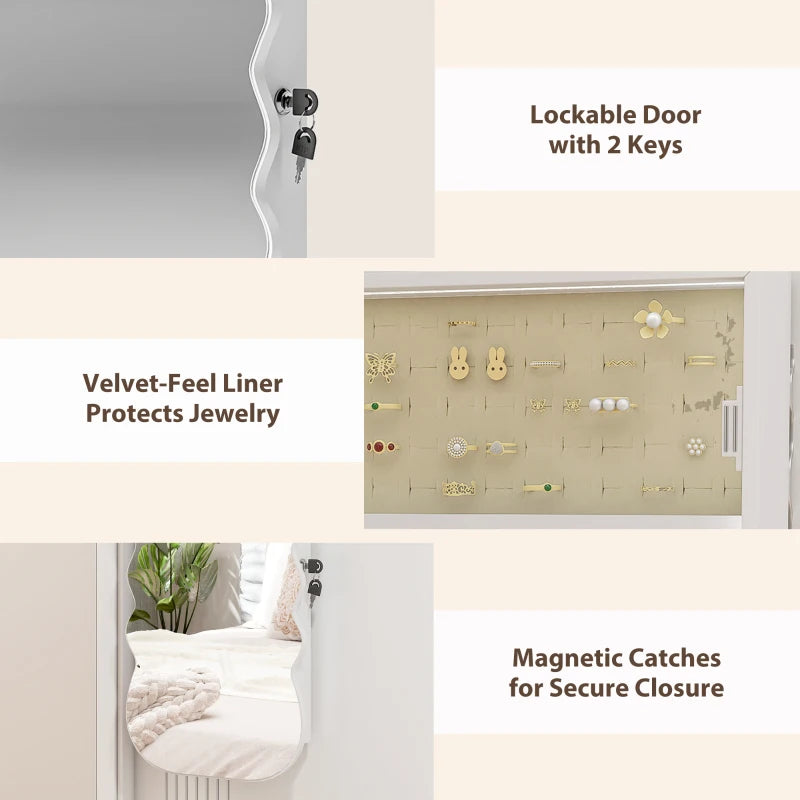 Jewelry Armoire Cabinet with Lights, Wall Mounted or Door Hanging Mirror Jewelry Cabinet with Full Length Mirror, White