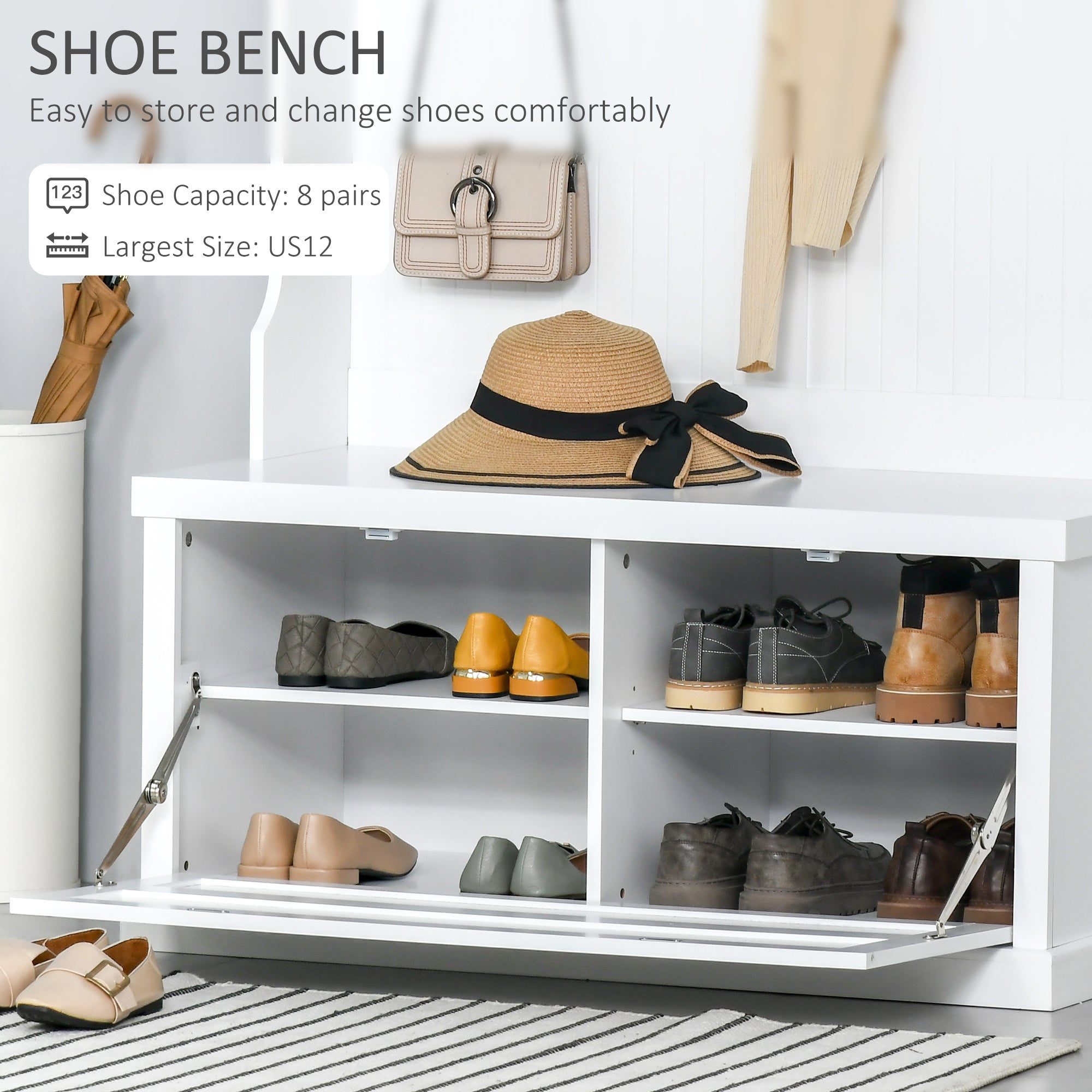 HOMCOM 3-in-1 Entryway Elegance: Modern Hall Tree Coat Rack with Shoe Storage Bench and Hooks for Bedroom, White Finish 