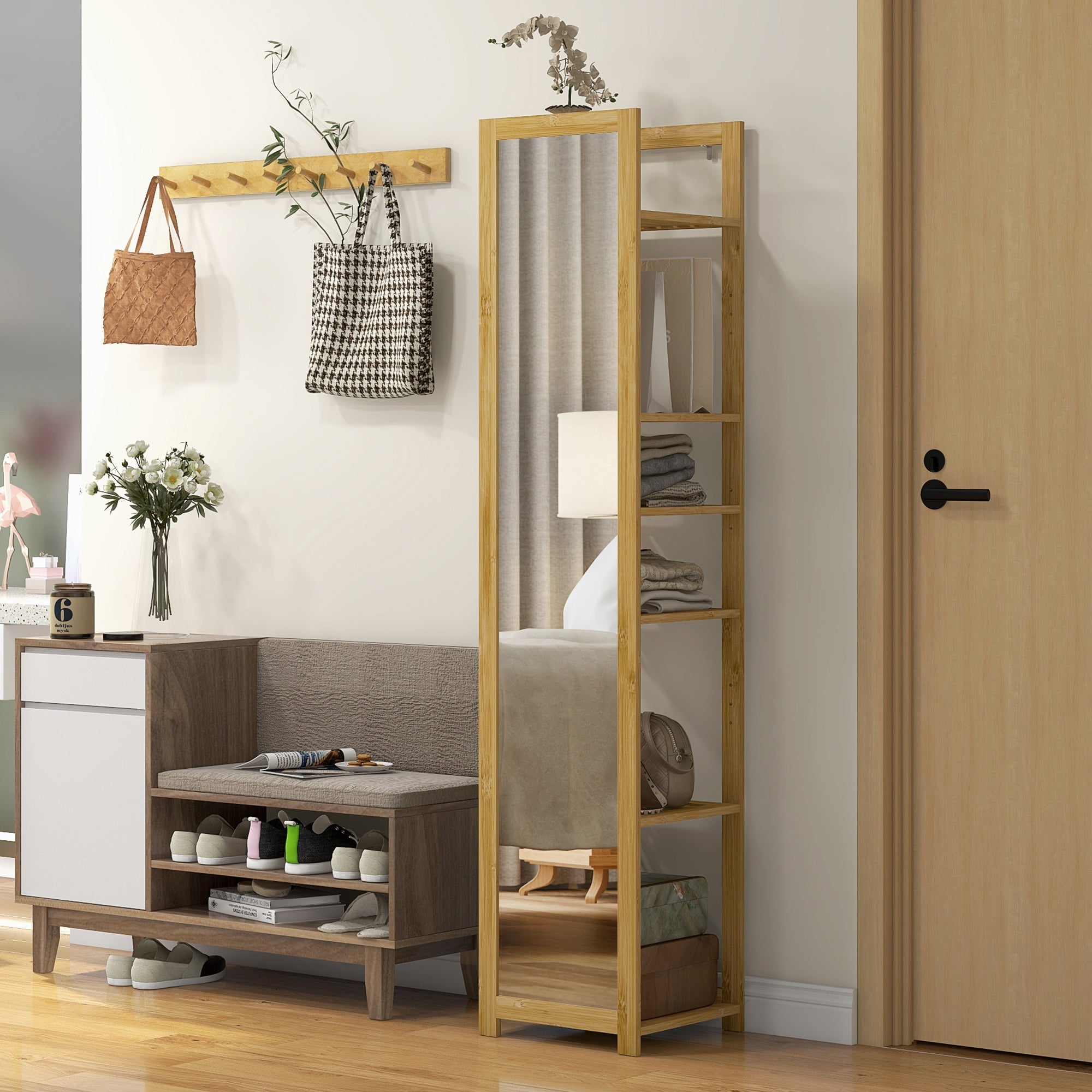 HOMCOM 6-Tier Bamboo Bathroom Shelves with Mirror, Freestanding Bathroom Rack with 6 Slatted Shelves, Nature Wood 