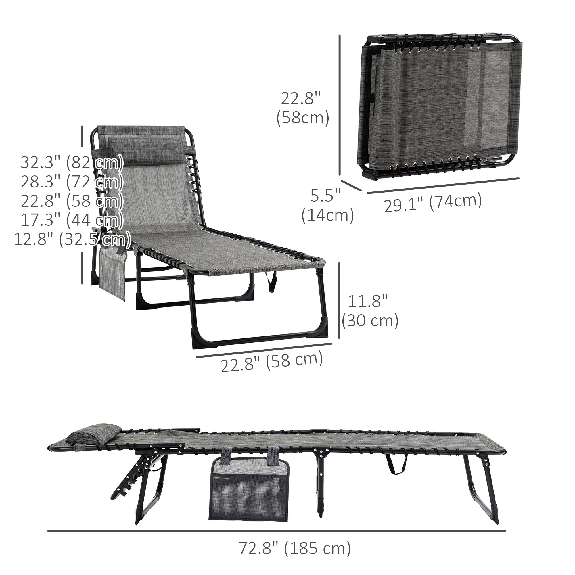 Outsunny Outdoor Folding Chaise Lounge, Reclining Lounge Chair with Adjustable Backrest and Removable Pillow, Mixed Grey 