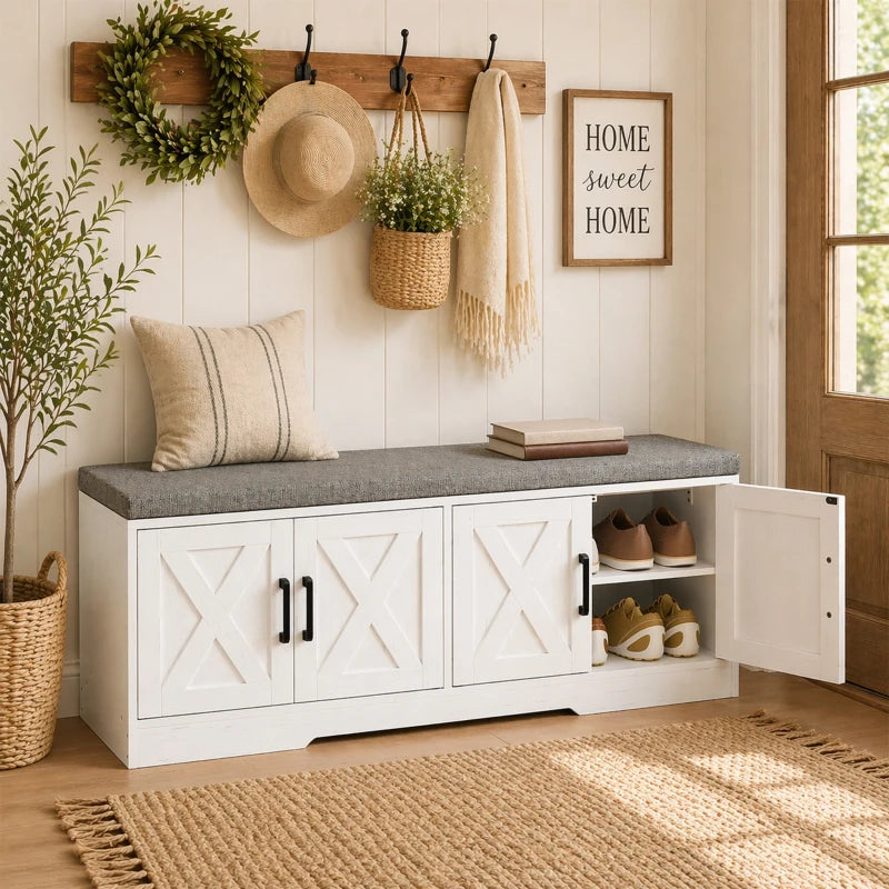 HOMCOM Farmhouse Shoe Storage Bench with Cushion, Entryway Bench with Adjustable Shelves & Cabinet Doors, White