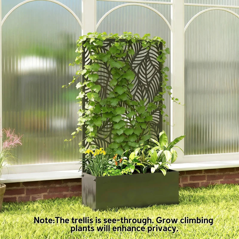 Metal Planter Box with Trellis, 44.5" Raised Garden Bed with Trellis Privacy Screen for Climbing Plants, Leaves Cut-Out