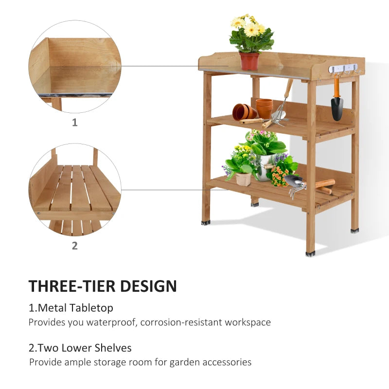 Outdoor Garden Wooden Potting Bench Work Station Table Tool Storage Shelf w/ Hooks, Natural