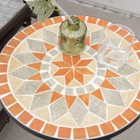 Mosaic Patio Table, Round Coffee Table with Metal Frame, Garden Furniture for Outdoor, Poolside, Yellow & Grey