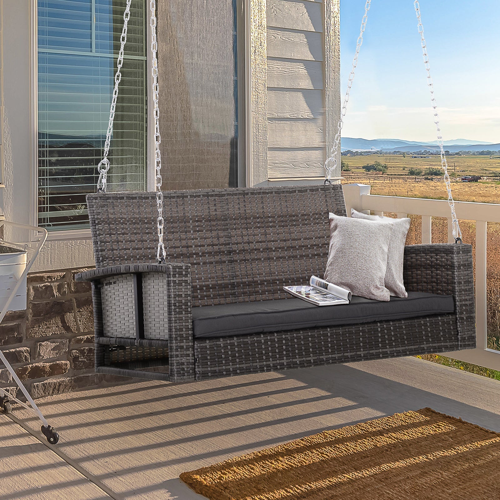 Outsunny 2-person Outdoor Wicker Porch Swing Chair Garden Rattan Hanging Bench with Cushion Yard Double Hammock Sun Lounge Seat, Grey 