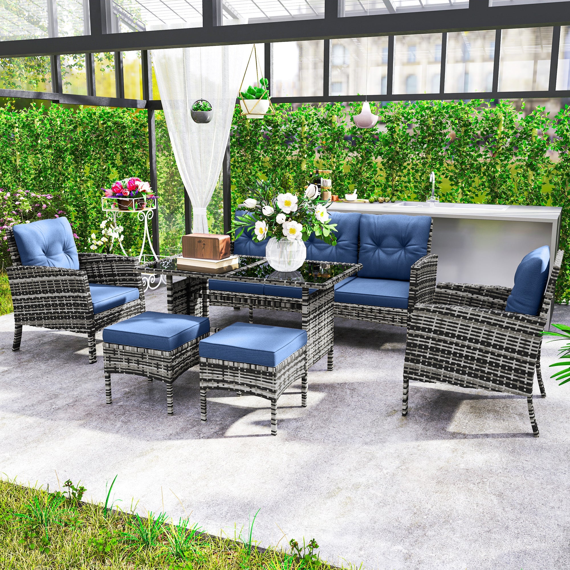 Outsunny 6 Piece Patio Furniture Set with Patio Chairs, Ottomans, Sofa, Glass Top Table and Cushions, Wicker Rattan Outdoor Furniture Set for Backyard, Porch, Navy Blue 