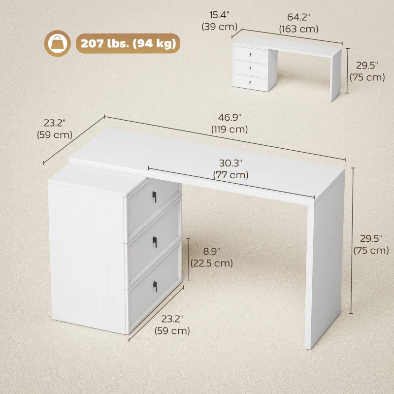 L Shaped Computer Desk Home Office Desk with 3 Drawers White Wood Grain