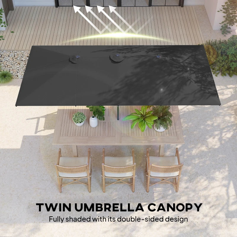 Double-Sided Patio Umbrella Parasol with Tilt, Adjustable Height, Vents and 12 Ribs, for Garden, Deck, Grey