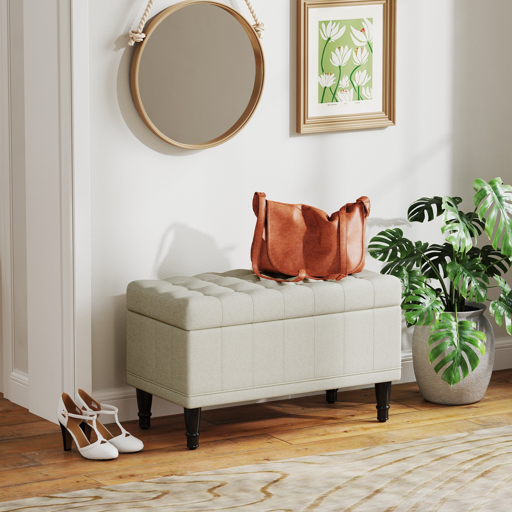 HOMCOM Storage Ottoman, Linen Fabric End of Bed Bench with Button Tufted Storage Bench for Bedroom, Beige 