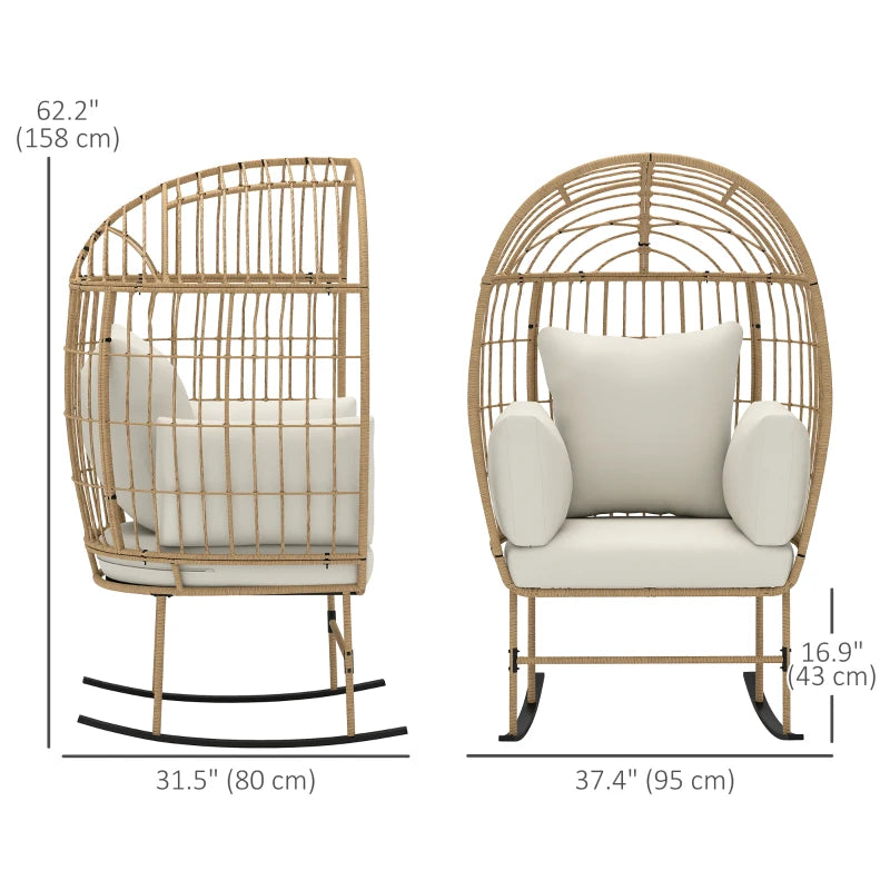 Oversized Rocking Chair, Indoor Outdoor Egg Chair w/ Thickened Cushions, Wicker Patio Lounger for Porch, Balcony, Beige