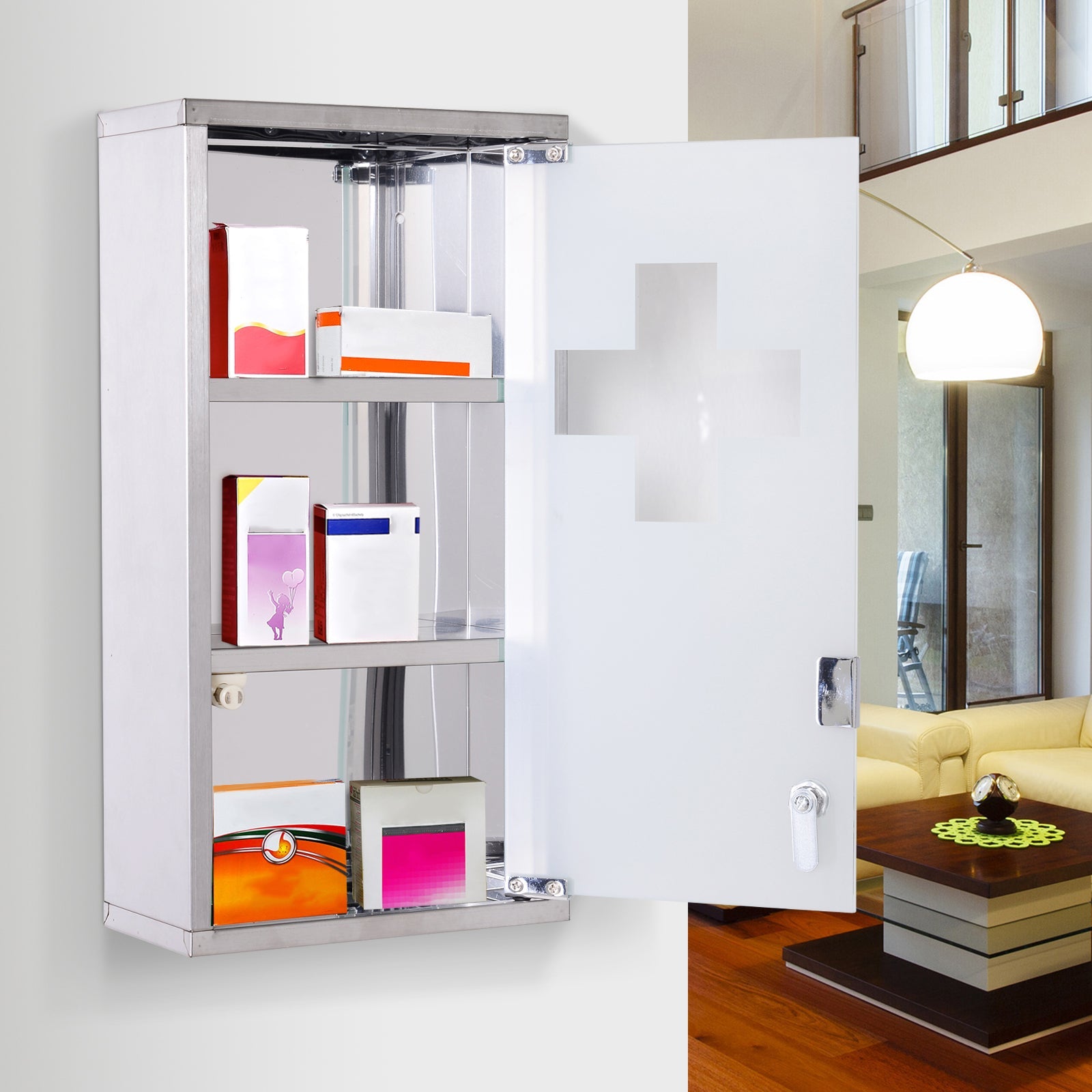HOMCOM Sleek Wall-Mounted Medicine Organizer: Lockable 2-Shelf Glass Door Cabinet with Stainless Steel Frame for Bathroom Storage 
