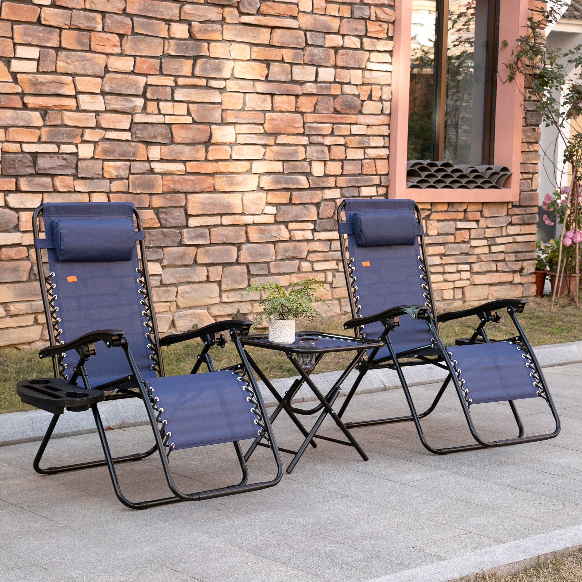 Outsunny Zero Gravity Chair Set of 2 Patio Chair with Side Table Cupholders and Pillows for Pool, Backyard, Lawn, Beach, Blue 