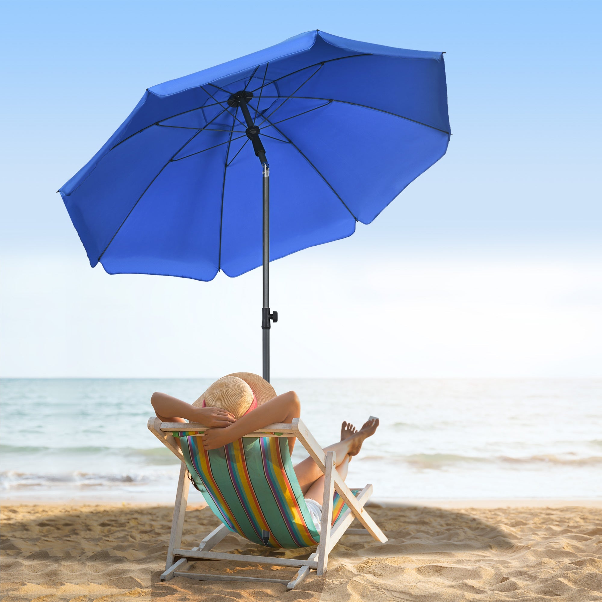 Outsunny 6FT Portable Beach Umbrella: UV50+ Vented 45° Tilt Adjustable Sun Shade Poolside Blue 
