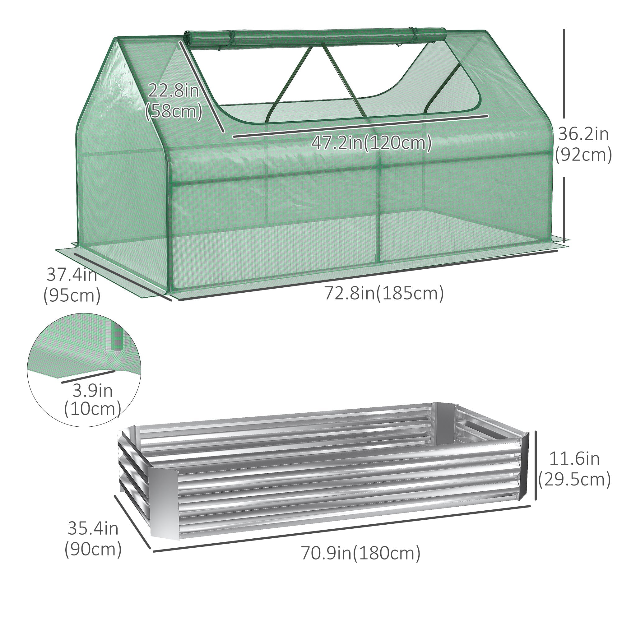 Outsunny Greenhouse with Raised Planter: Steel Garden Bed, Plastic Cover, Roll-Up Window, Green 
