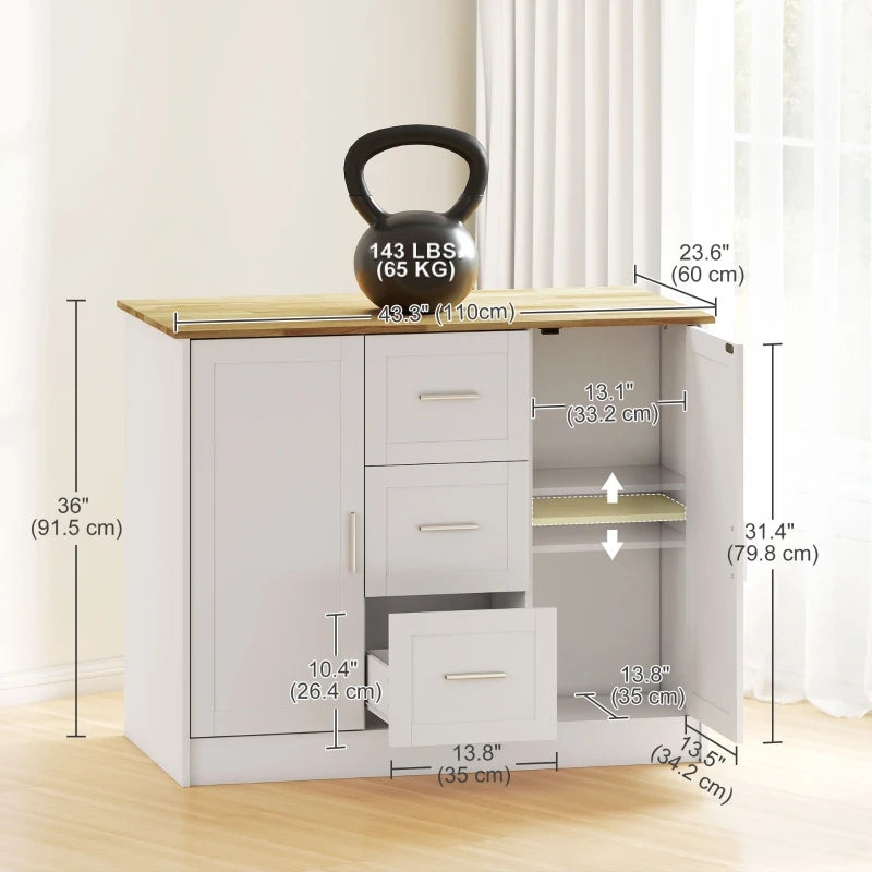 Kitchen Island with Storage Cabinets, Spacious Countertop 3 Drawers, 2 Adjustable Shelves and Sitting Space for Dining Room, White