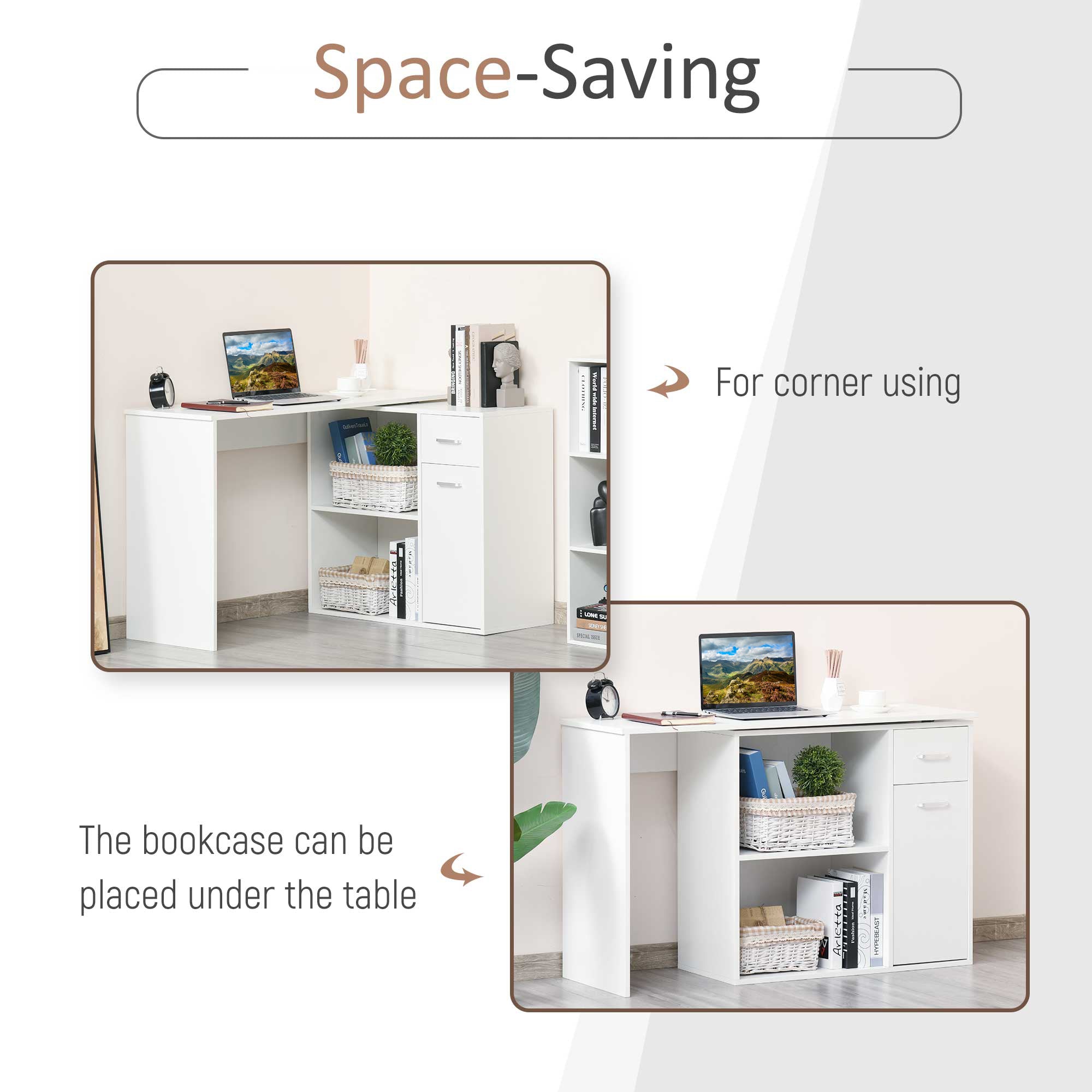 HOMCOM L Shaped Desk Corner Computer Table with Storage Cabinet Shelf Study Writing Home Office White 