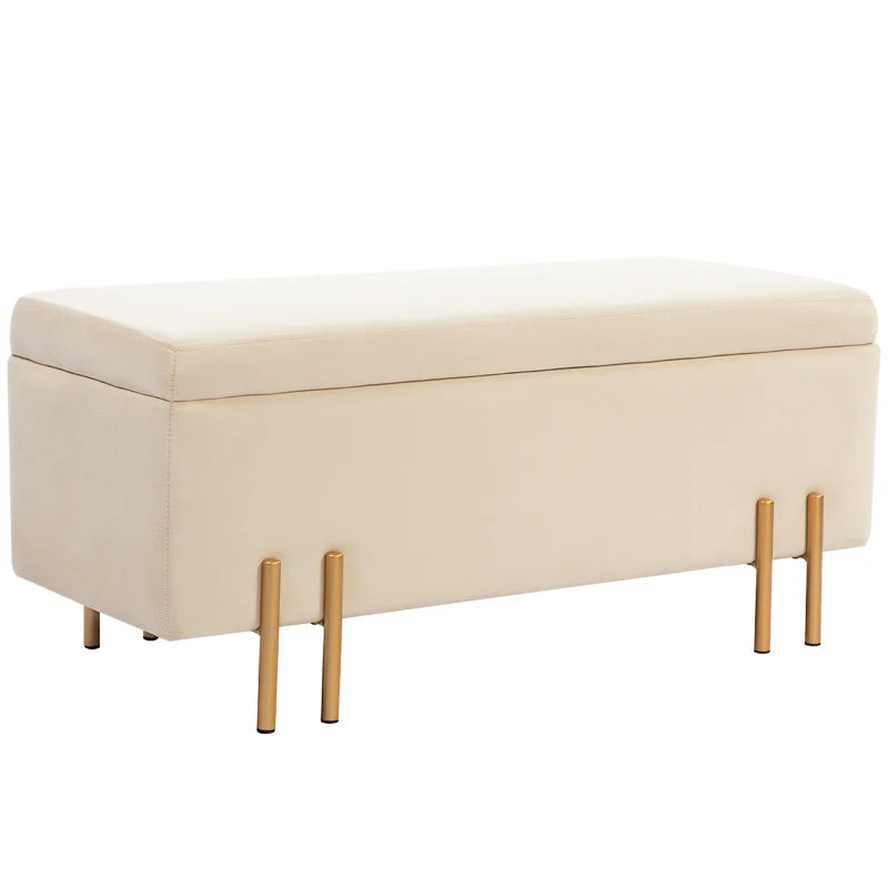 Storage Ottoman Bench, Flip-Top Bedroom Bench, 18.5 Gallons, Modern Velvet Storage Chest with Metal Legs, Beige
