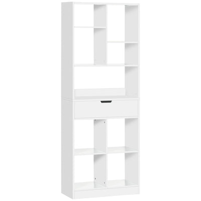 HOMCOM Freestanding Wooden Bookshelf Bookcase with Drawer, Display Shelf Storage Unit for Home Office, White Finish 