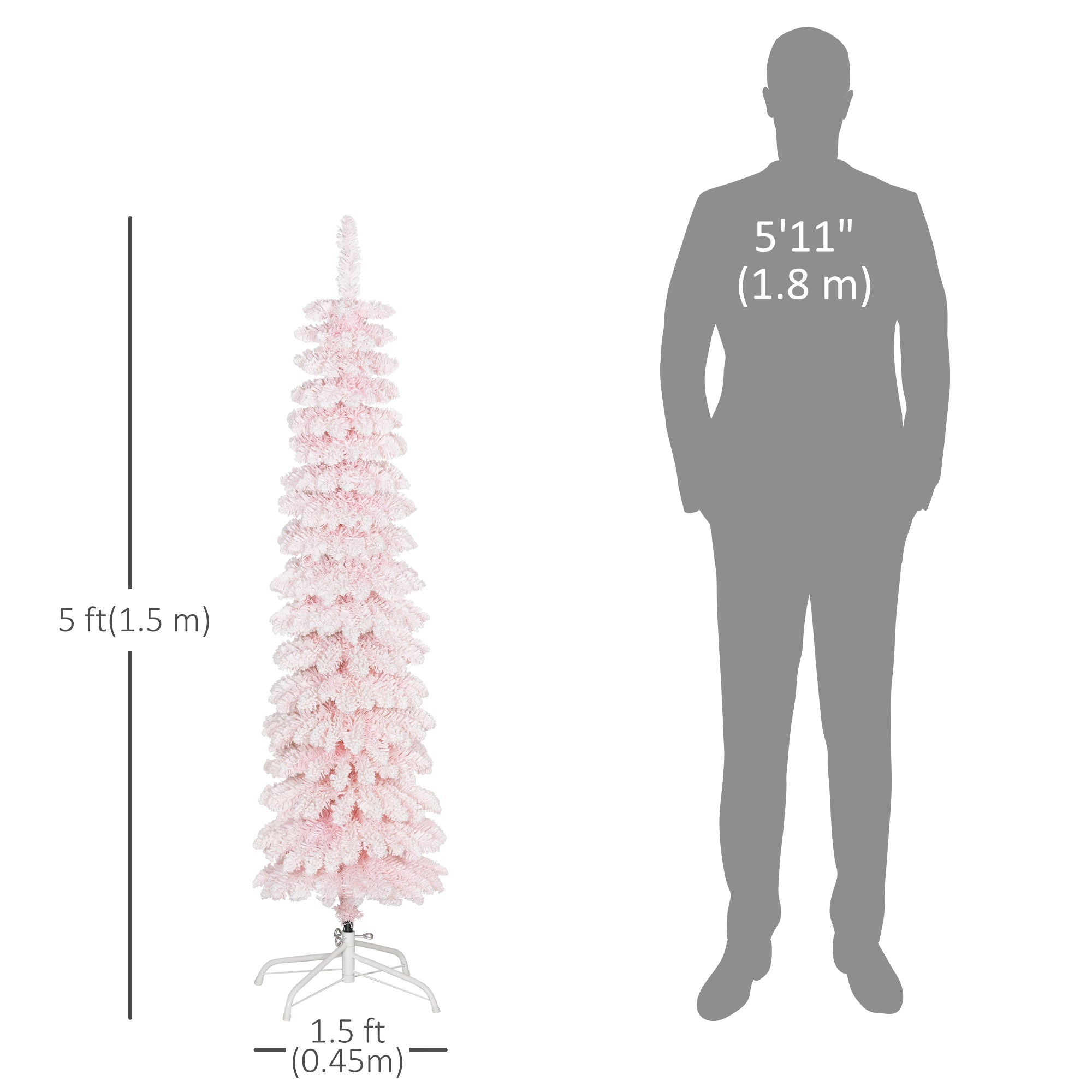 HOMCOM 5ft Snow-Flocked Artificial Christmas Tree, Slim Pencil Xmas Tree with 301 Realistic Branches, Metal Base, Pink 