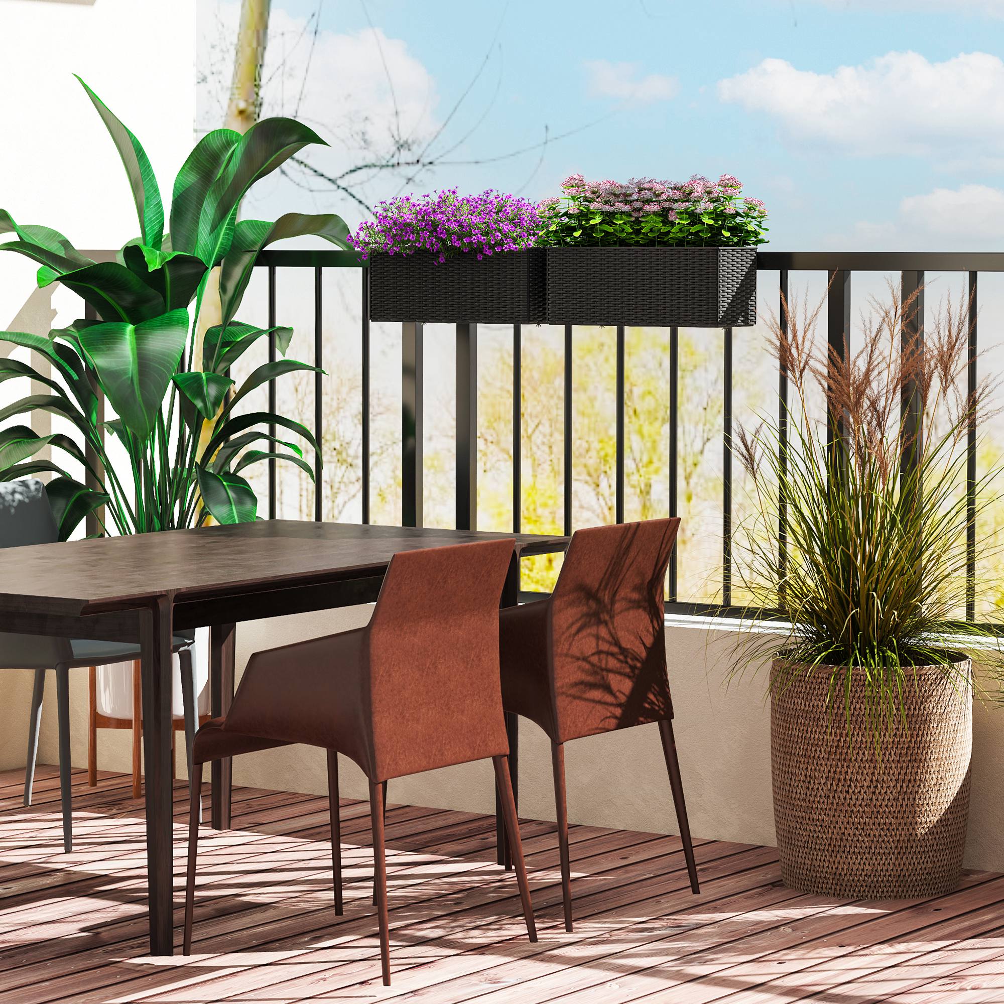 Outsunny 2 Pack 20 Inch Self-Watering Hanging Flower Pots, Railing Planter Box for Fence, Garden, Rattan Look, Black 