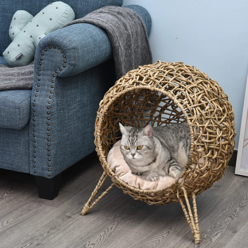 Rattan Cat House with Cushion, Elevated Wicker Kitten Bed for Indoor Cats, Natural Wood