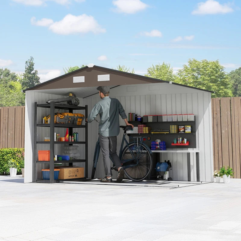 9.1'x6.4'x6.3' Garden Storage Shed w/ Foundation Kit Metal Tool Storage House w/ Double Doors Brown