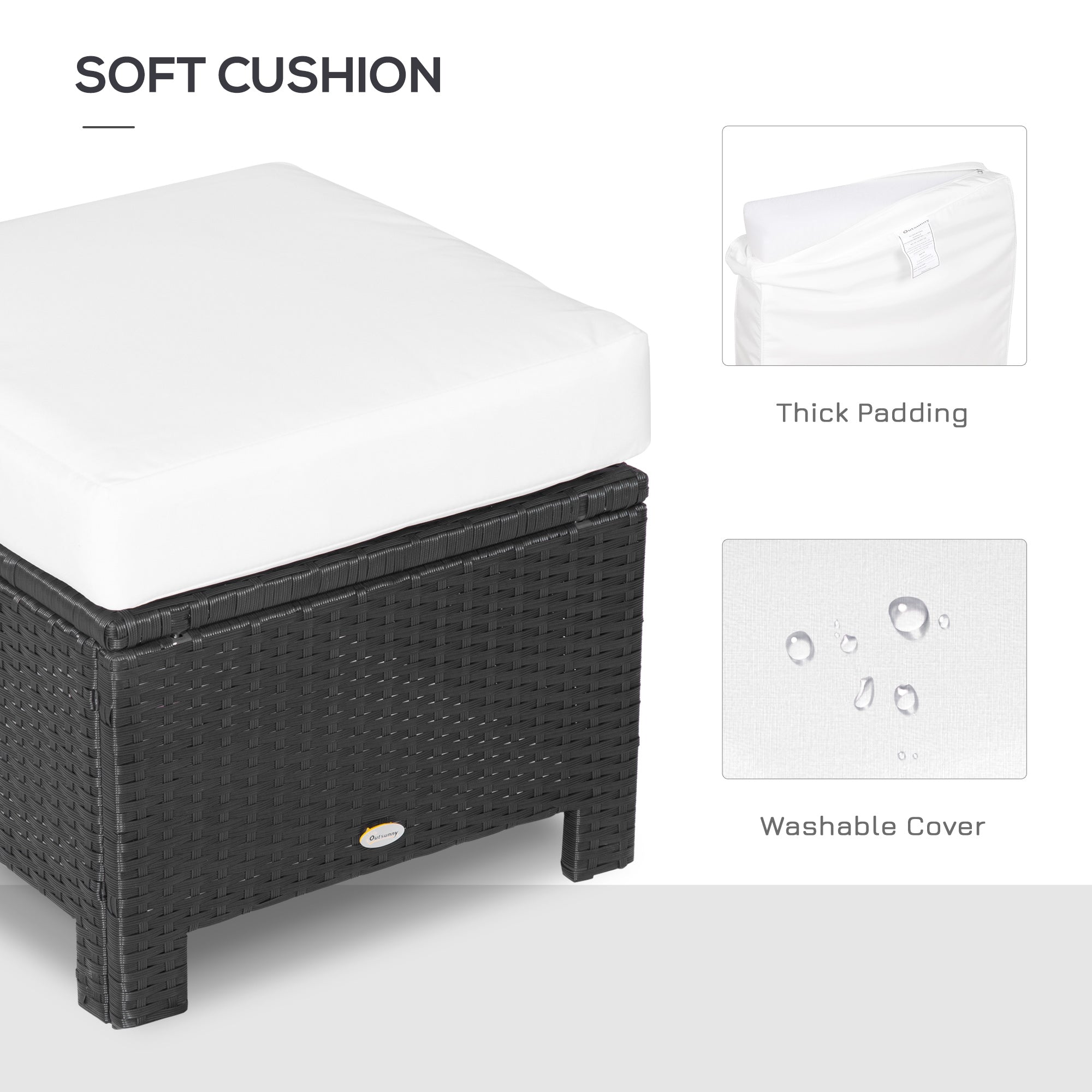 Outsunny Rattan Ottoman Outdoor Wicker Footrest with Cushion Metal Frame for Garden Poolside Cream White 
