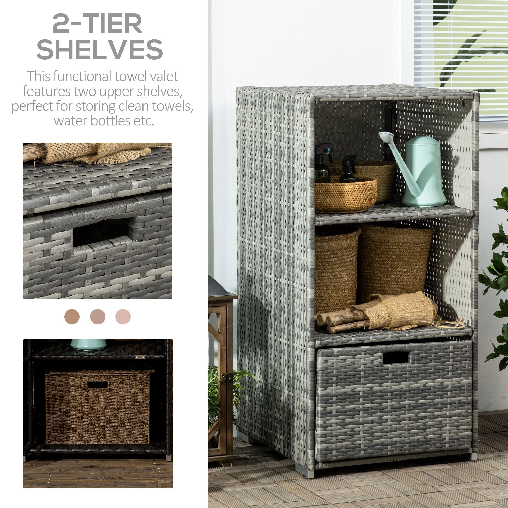 Outsunny Outdoor Storage Cabinet, Patio Storage Box Rack Rattan Wicker w/ 2 Shelf 1 Drawer Garden, Mixed Grey 