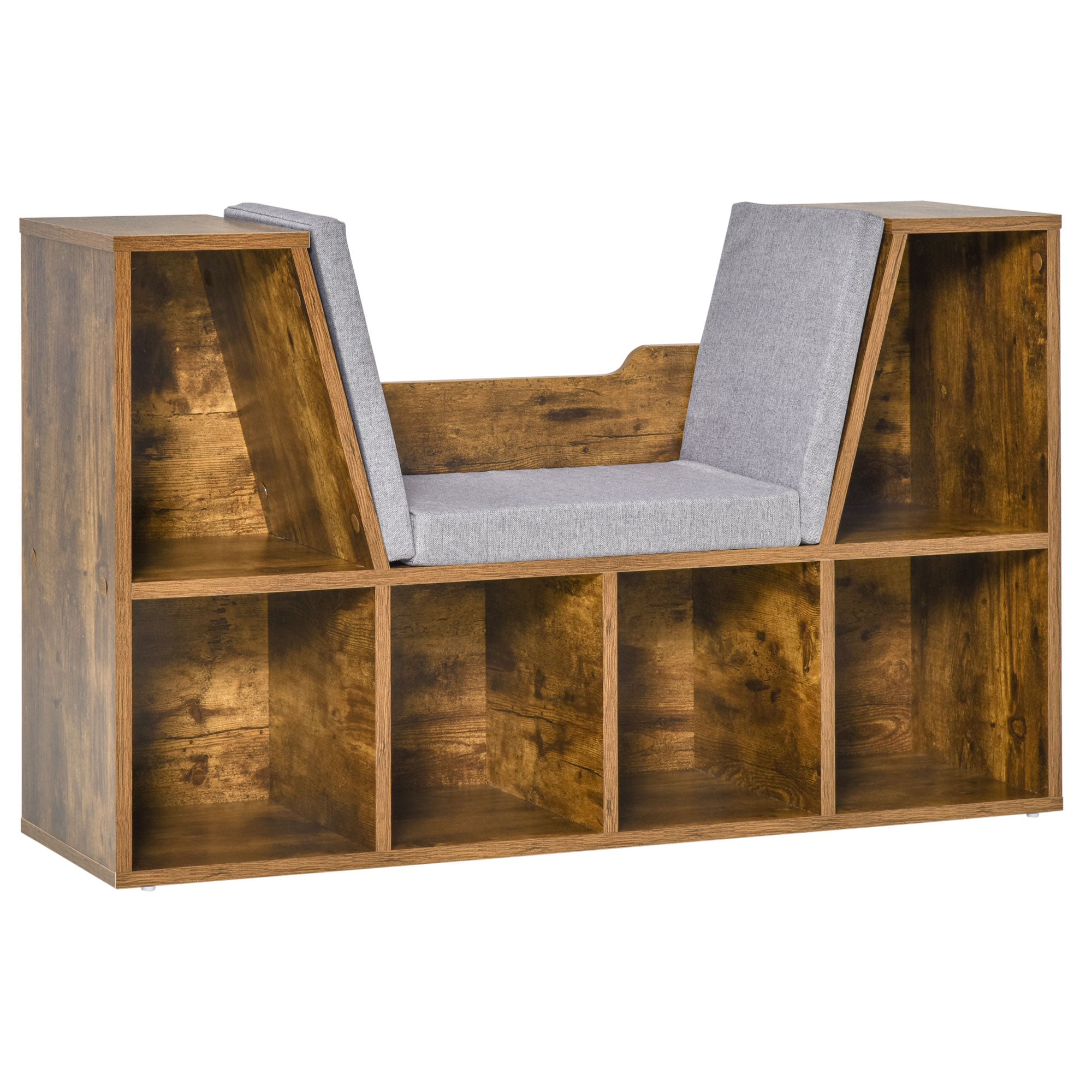 HOMCOM 6-Cubby Bookcase with Seat Cushion, Cube Storage Shelf with Reading Nook for Home Office, Study, Rustic Brown 