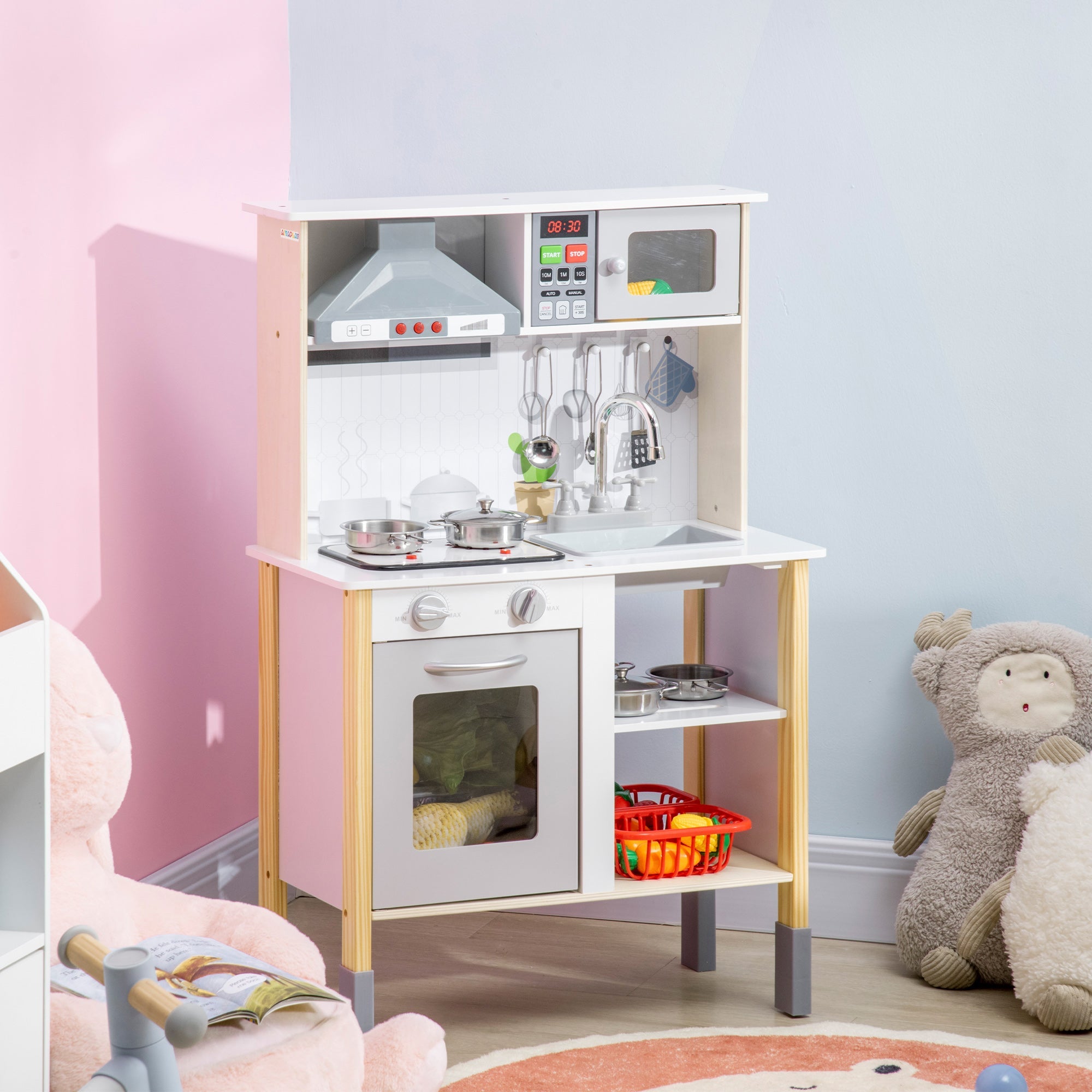Qaba Interactive Wooden Kitchen Set for Kids - Realistic Lights, Sounds, Adjustable Height, Complete with Microwave and Hood 