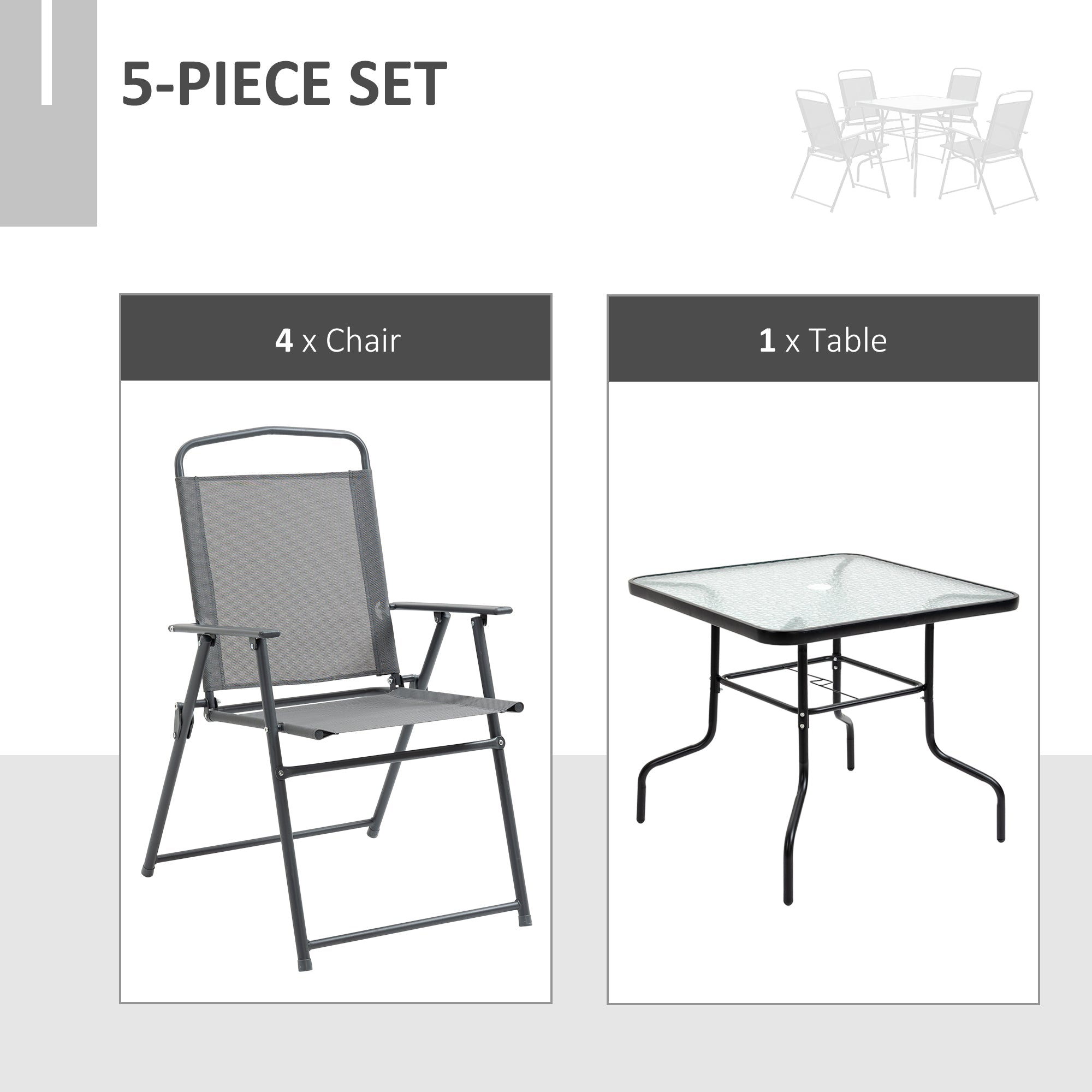 Outsunny 5 Pieces Patio Table and Chairs, Outdoor Dining Set with 4 Folding Chairs, Glass Tabletop and Parasol Hole, Grey 
