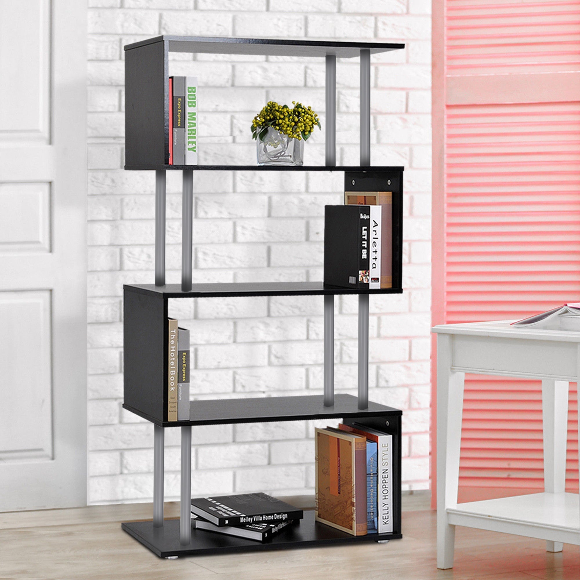 HOMCOM 5-Tier Z-Shape Bookcase: Wooden Shelves with Steel Frame for Living Room, Bedroom, Office, Black 