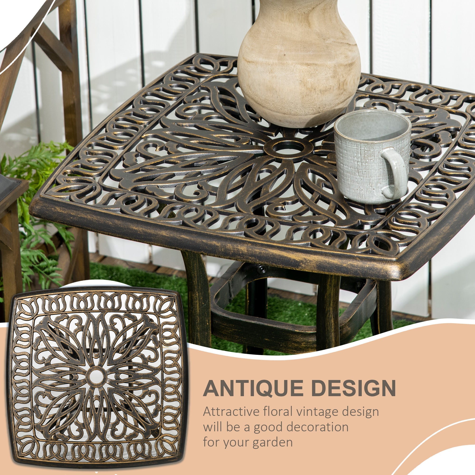 Outsunny Aluminium Outdoor Side Table with Umbrella Hole, 21" Square Patio Coffee Table End Table, Bronze 