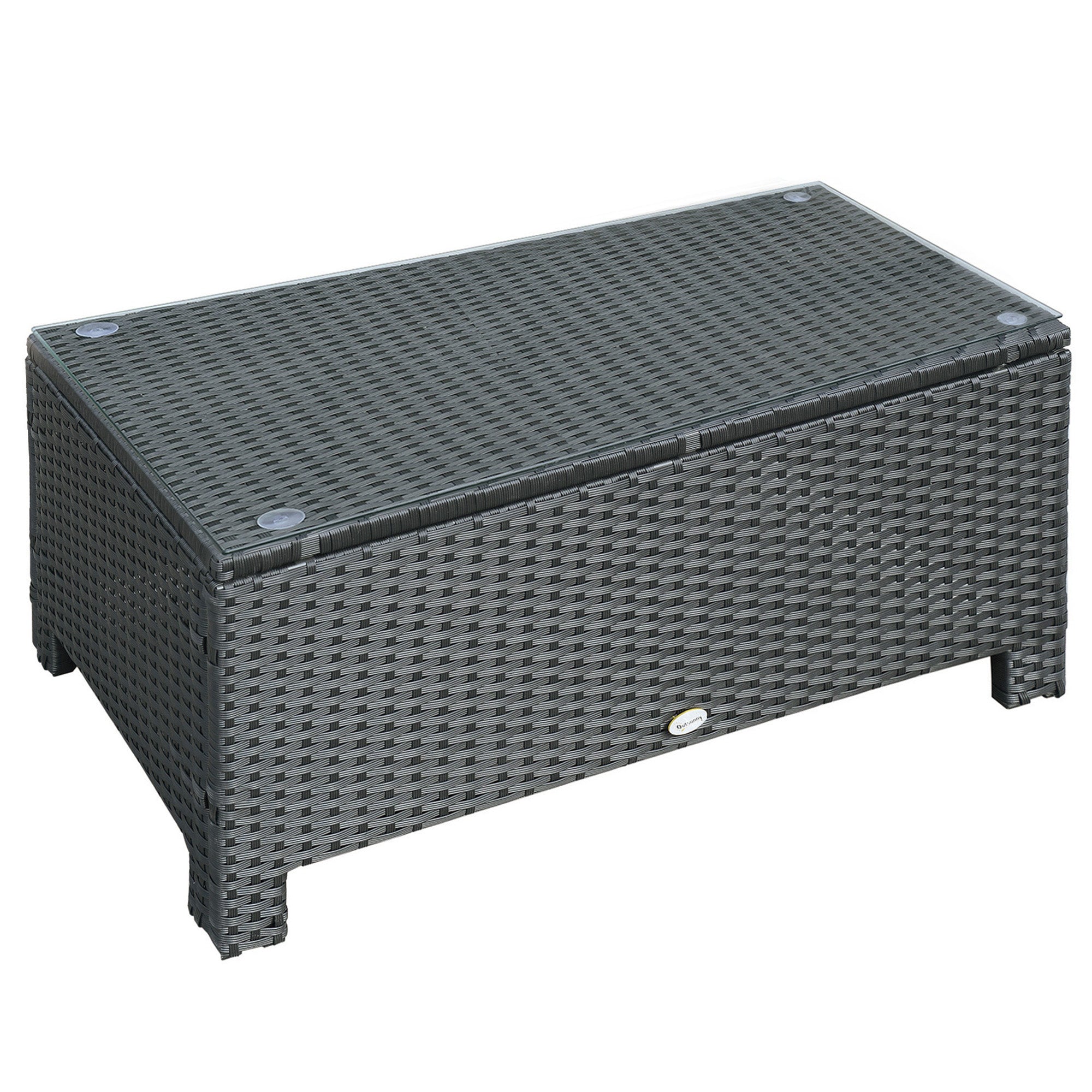 Outsunny Rattan Wicker Coffee Table with Glass Top - Black Outdoor Garden Patio Furniture 